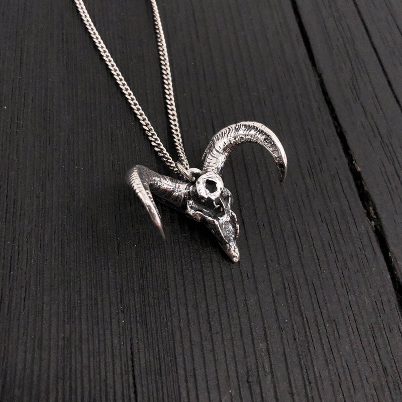 Bighorn Ram Skull Pendant Necklace - Solid Hand Cast Sterling Silver - Aries Sign Unisex Gift for Him or Her - Big Horn Sheep jewelry