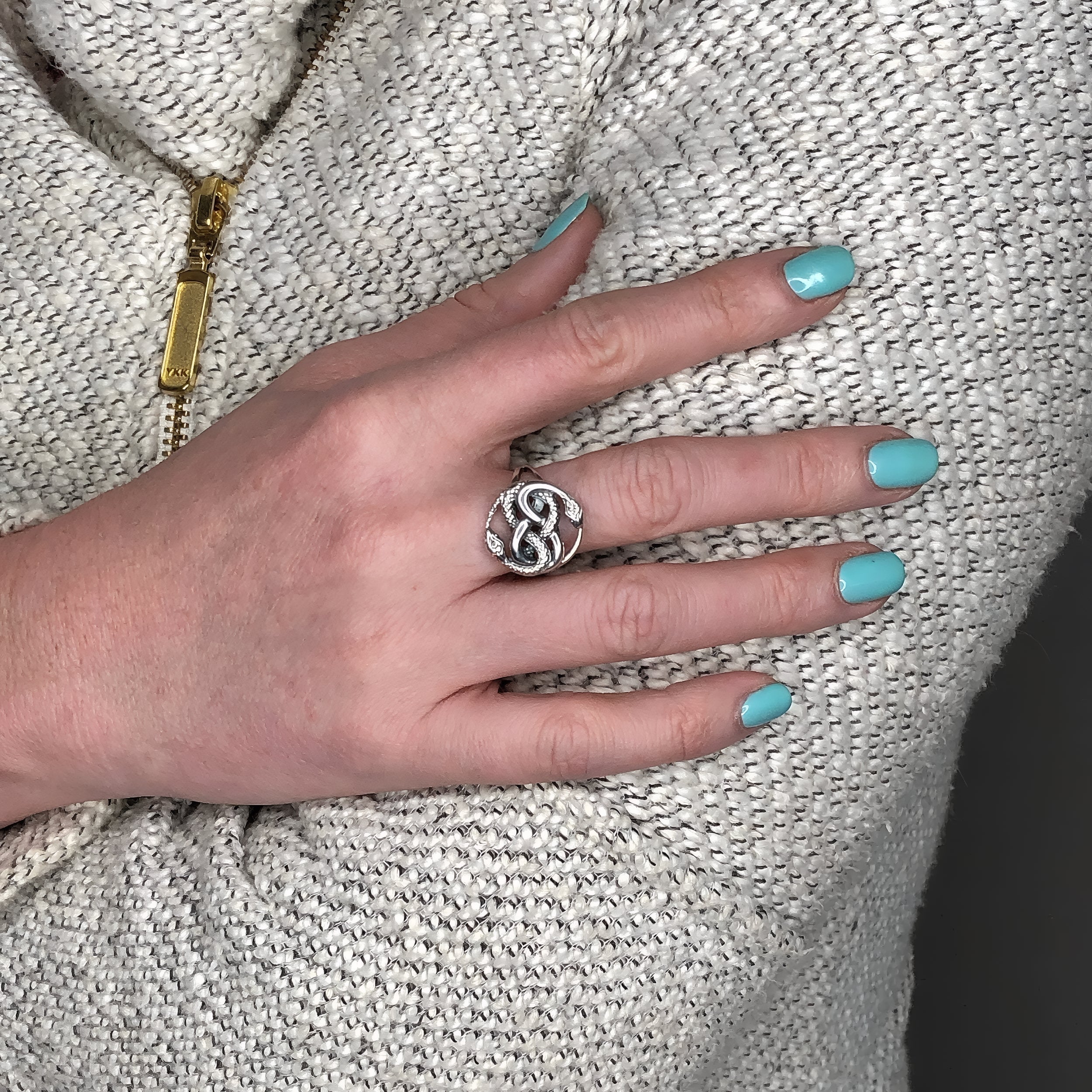 Auryn Snake Ring - .925 Sterling Silver - Polished Oxidized Finish - Adjustable Band - Ouroboros Neverending Story Jewelry Gift - Moon Raven Designs