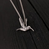 Hummingbird Charm Pendant Necklace - Solid Hand Cast 925 - Oxidized Polished Finish - Three dimensional Detail - Multiple Chain Lengths