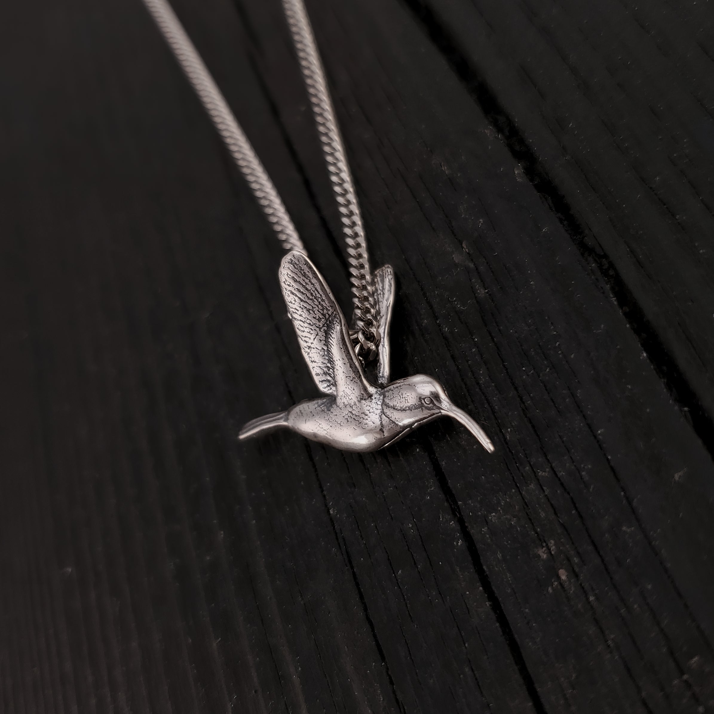 Hummingbird Charm Pendant Necklace - Solid Hand Cast 925 - Oxidized Polished Finish - Three dimensional Detail - Multiple Chain Lengths