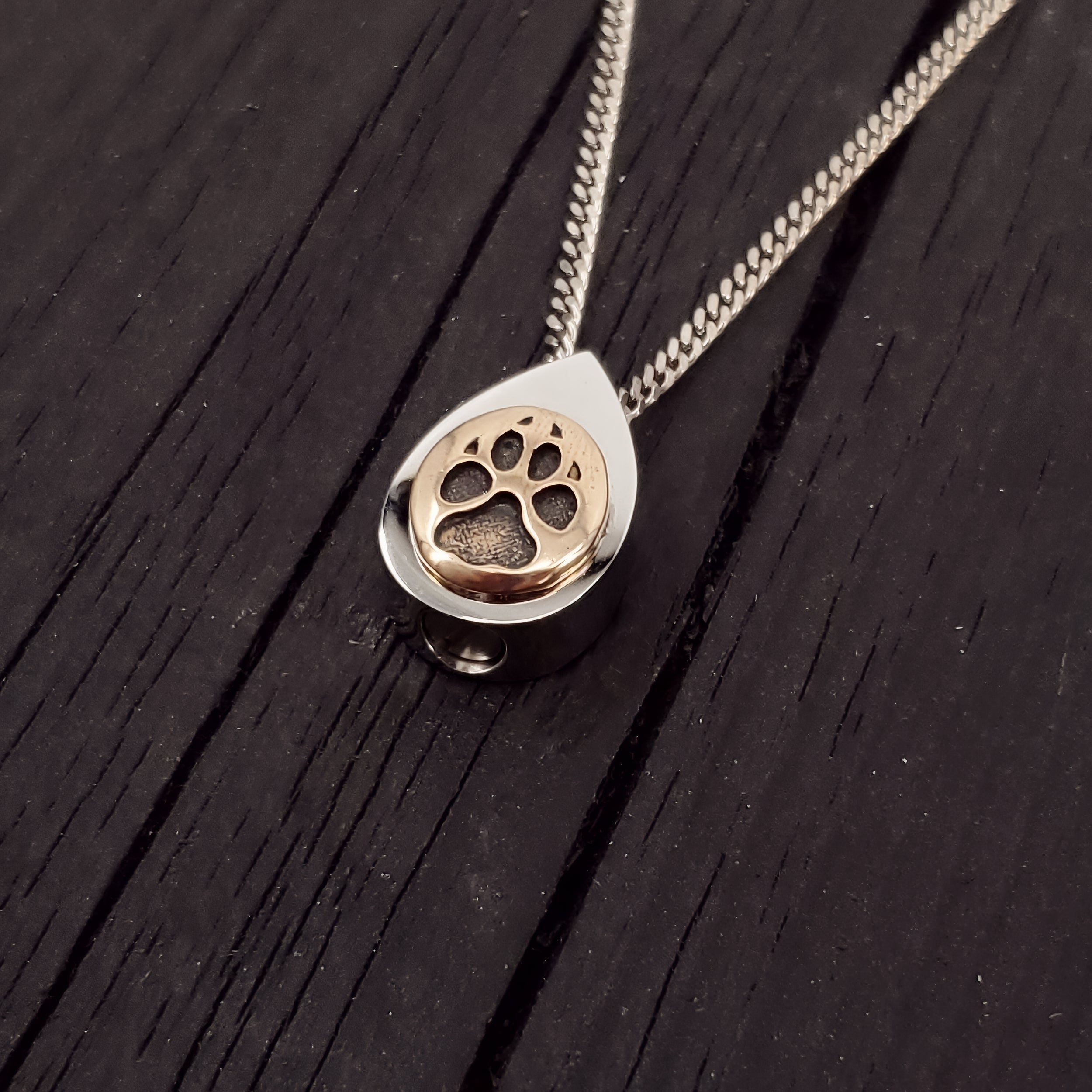 Dog Paw Print Tear Drop Cremation Ash Urn Necklace - Sold Bronze on Stainless Steel - Custom Engraved Personalised Mourning Pet Urn