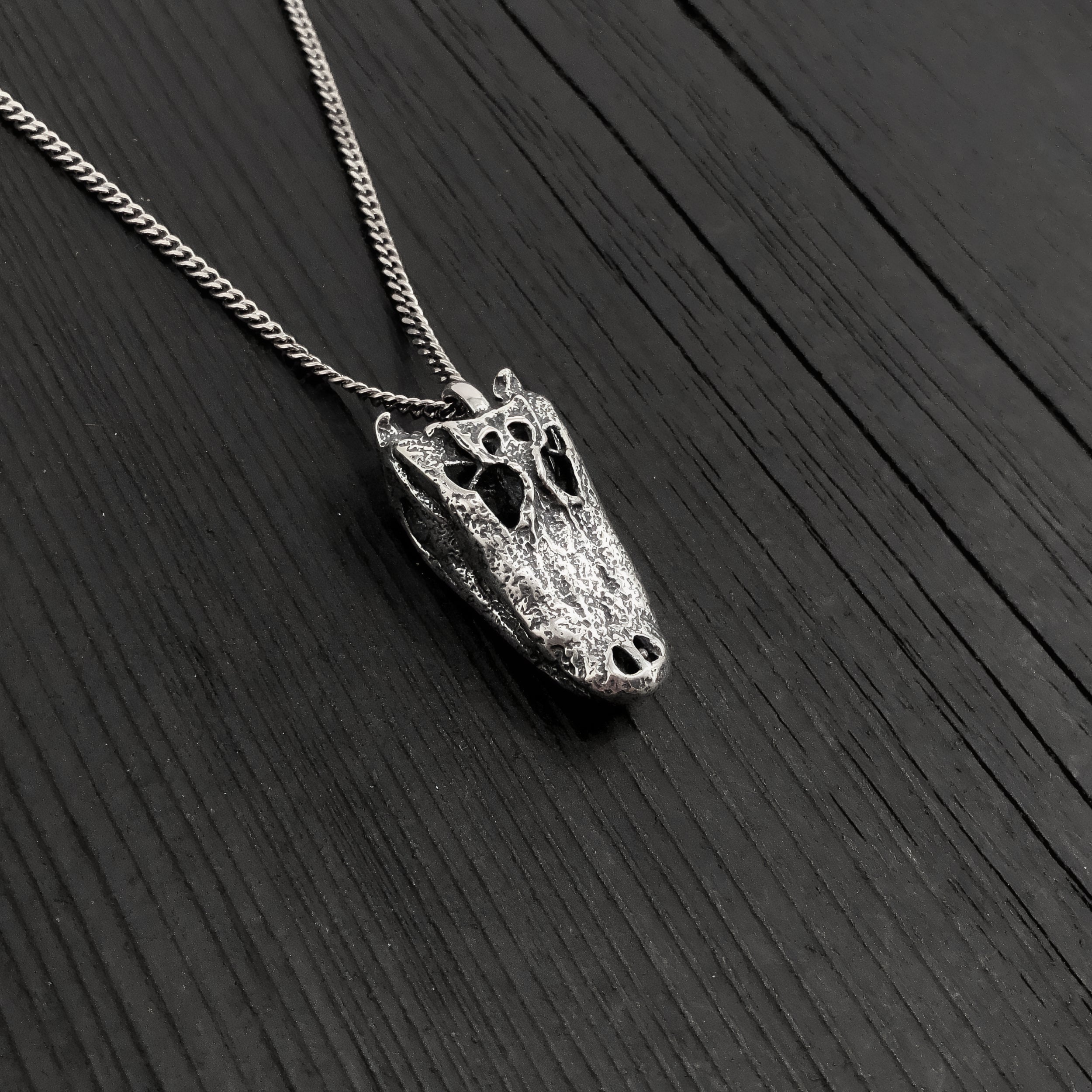 American Alligator Skull Pendant Necklace - Solid Hand Cast Sterling Silver - Polished Oxidised Finish - Multiple Chain Lengths Available