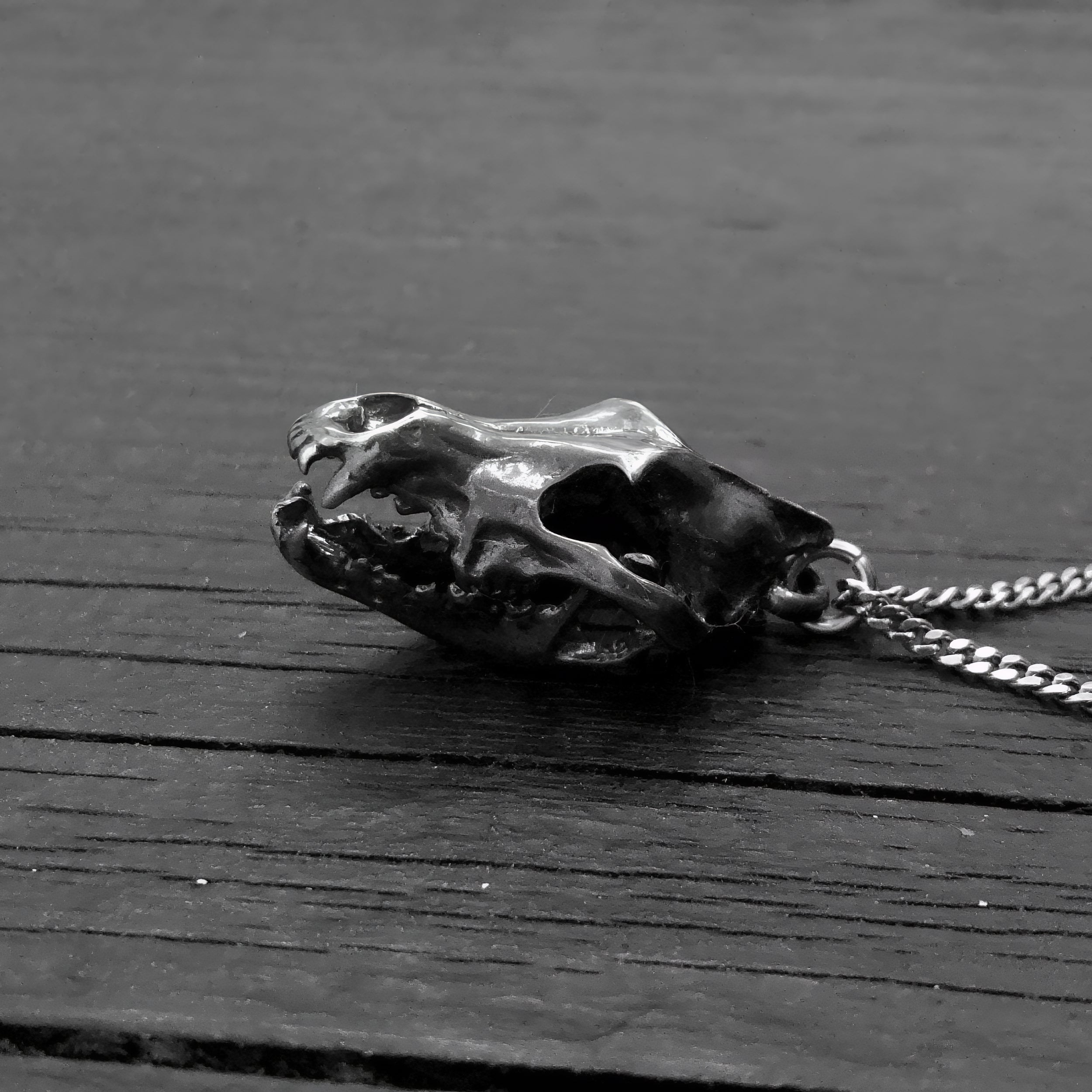 Grey Wolf Skull Pendant Necklace - Solid Sterling Silver - Dark Oxidized Finish - Multiple Chain Lengths - Animal Jewelry
