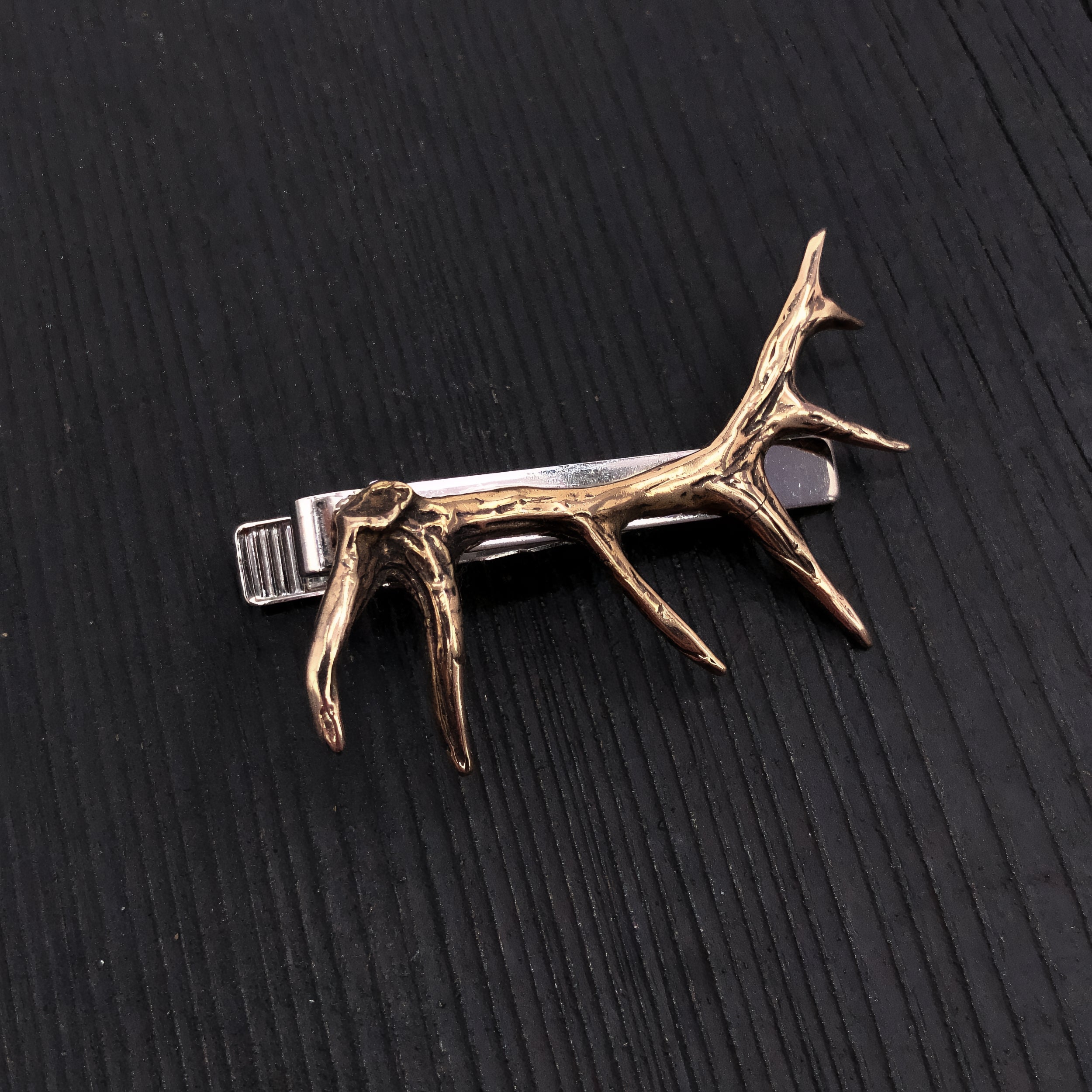 This defined 3D elk antler is cast in solid bronze, oxidized to enhance the fine details of this beautifully sculpted little carving. The 2-1/8"long high relief antler is mounted on a solid nickel plated tie clasp with an overall width 2".