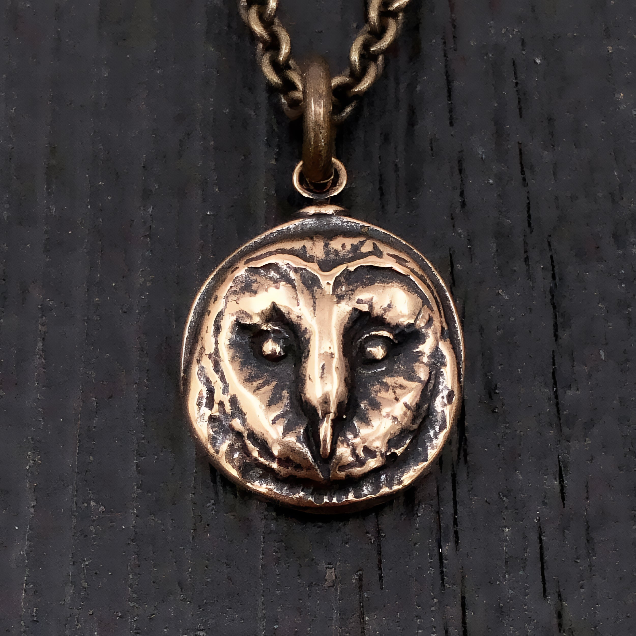 Solid Bronze Barn Owl Face Pendant - 1/2" Diameter, Engravable Back, Unique Gift for Owl Lovers