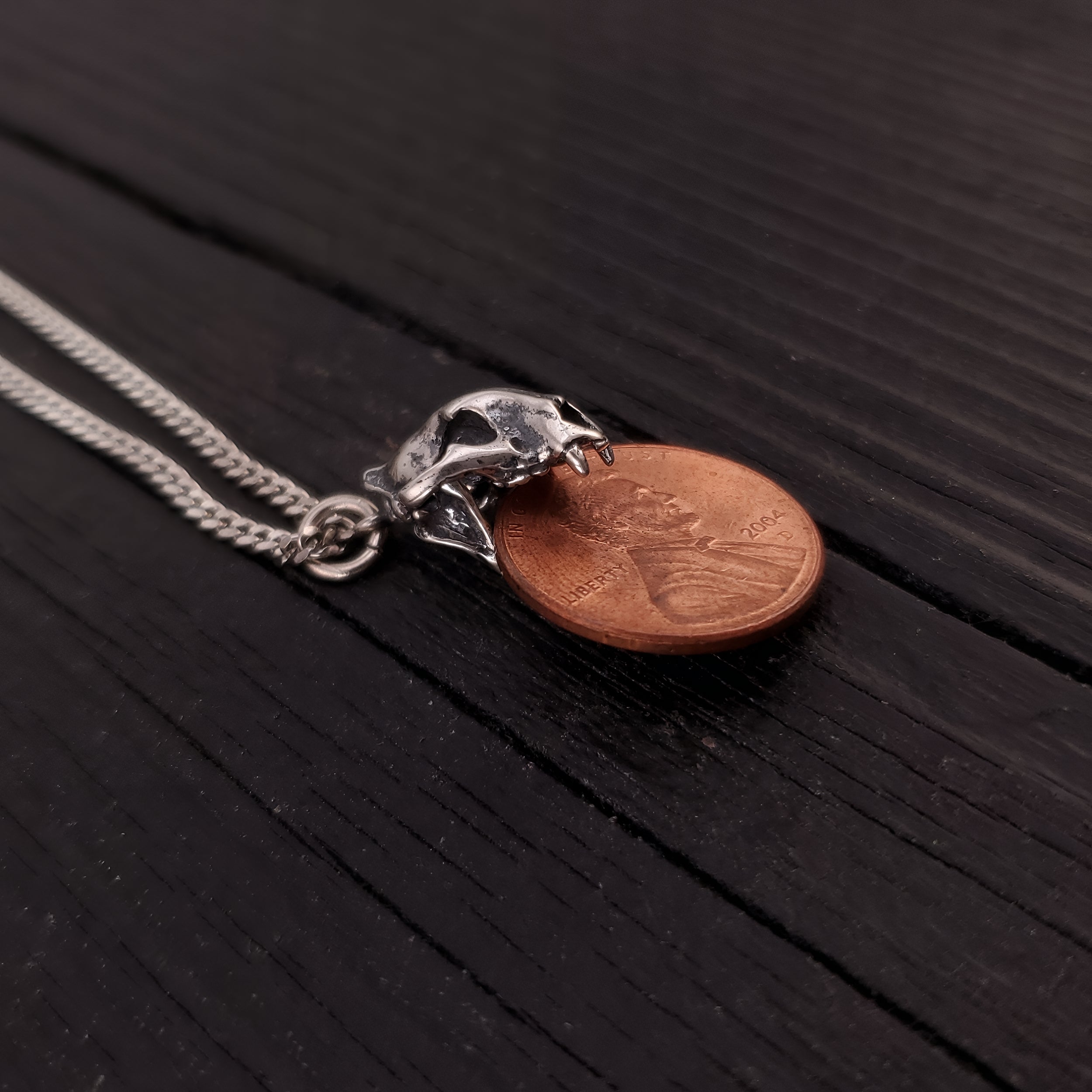 Cat Skull Pendant Necklace - Solid Hand Cast 925 Sterling Silver - Fully Articulated Jaw - Domestic House Cat Jewelry Gift