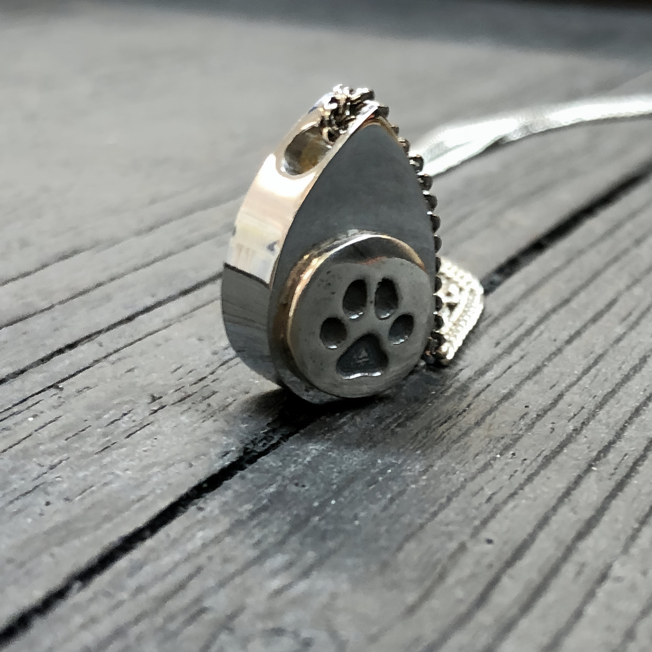 Cat Paw Print Tear Drop Cremation Ash Urn Necklace - Sterling Silver on Stainless Steel - Custom Engraved Personalised Mourning Pet Urn