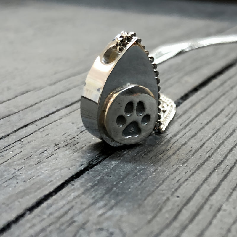 Cat Paw Print Tear Drop Cremation Ash Urn Necklace - Sterling Silver on Stainless Steel - Custom Engraved Personalised Mourning Pet Urn