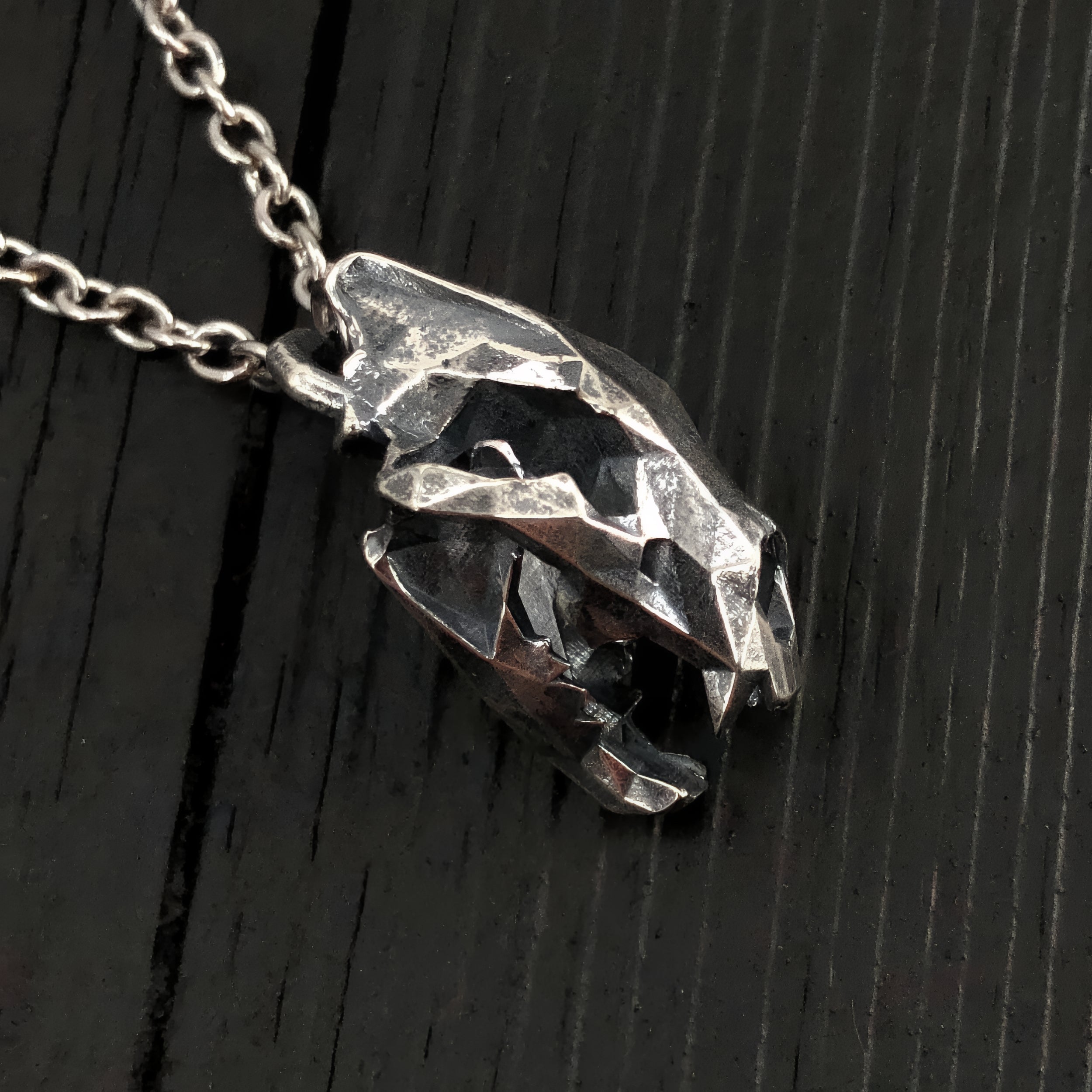 Faceted Bear Skull Necklace - Solid Hand Cast Silver Plated Bronze - Three Dimensional Detail Grizzly Skull - Multiple Chain Lengths
