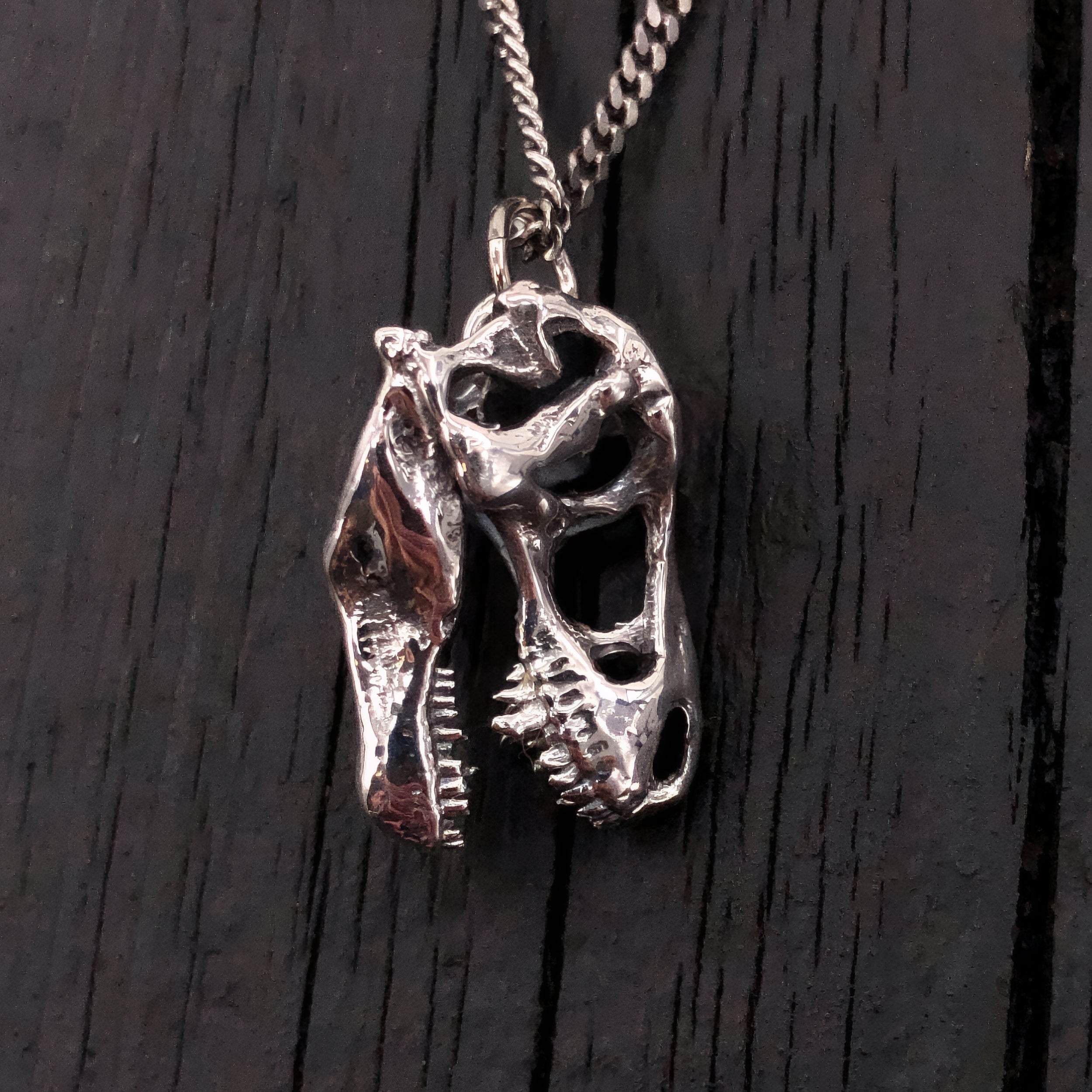 Silver T-Rex Skull Pendant Necklace in Solid Hand Cast Sterling Silver - Tyrannosaurus Rex - Rare and Unique Dinosaur Jewelry