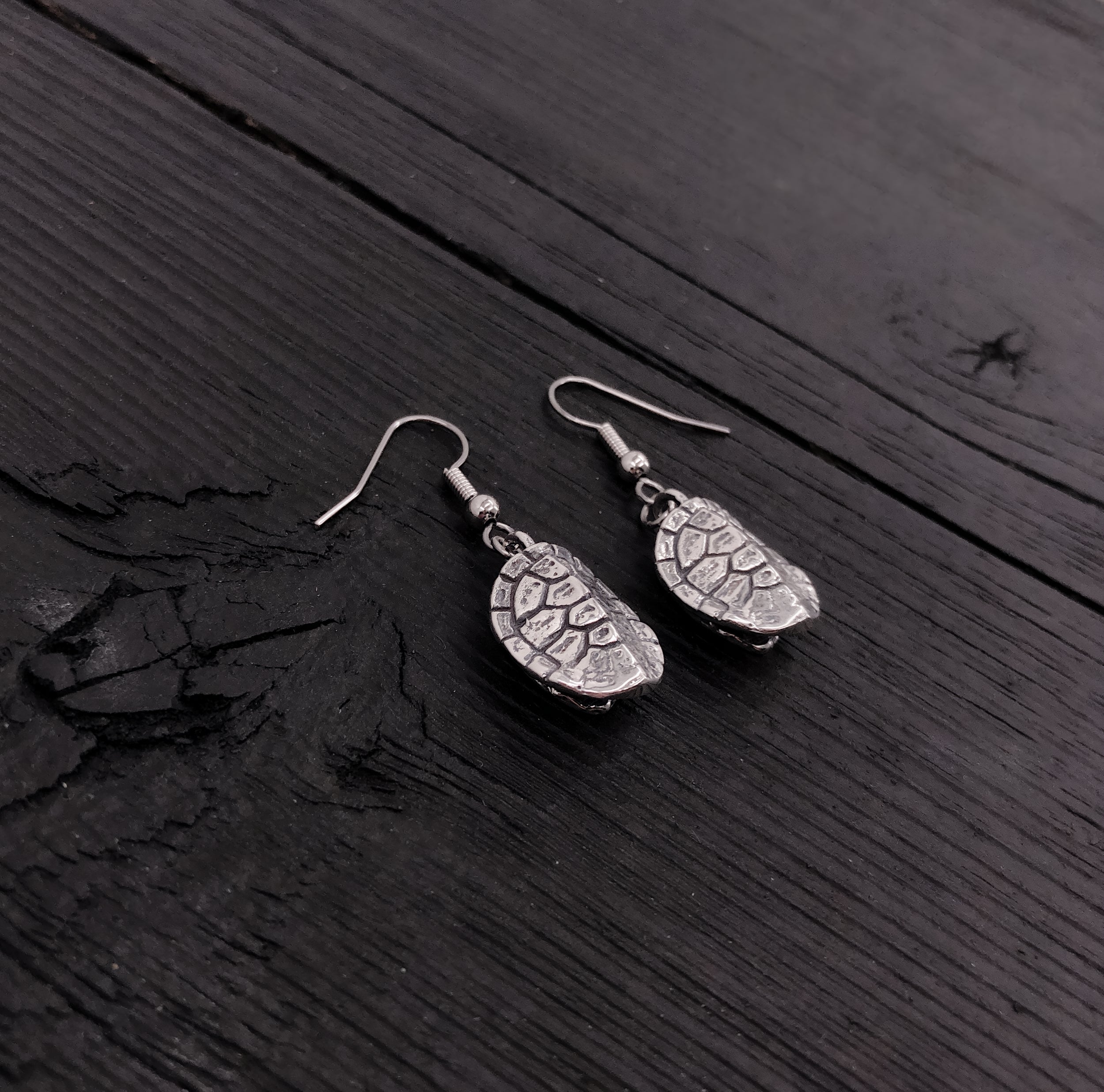 Silver earrings on wood table, showing shine | Moon Raven
