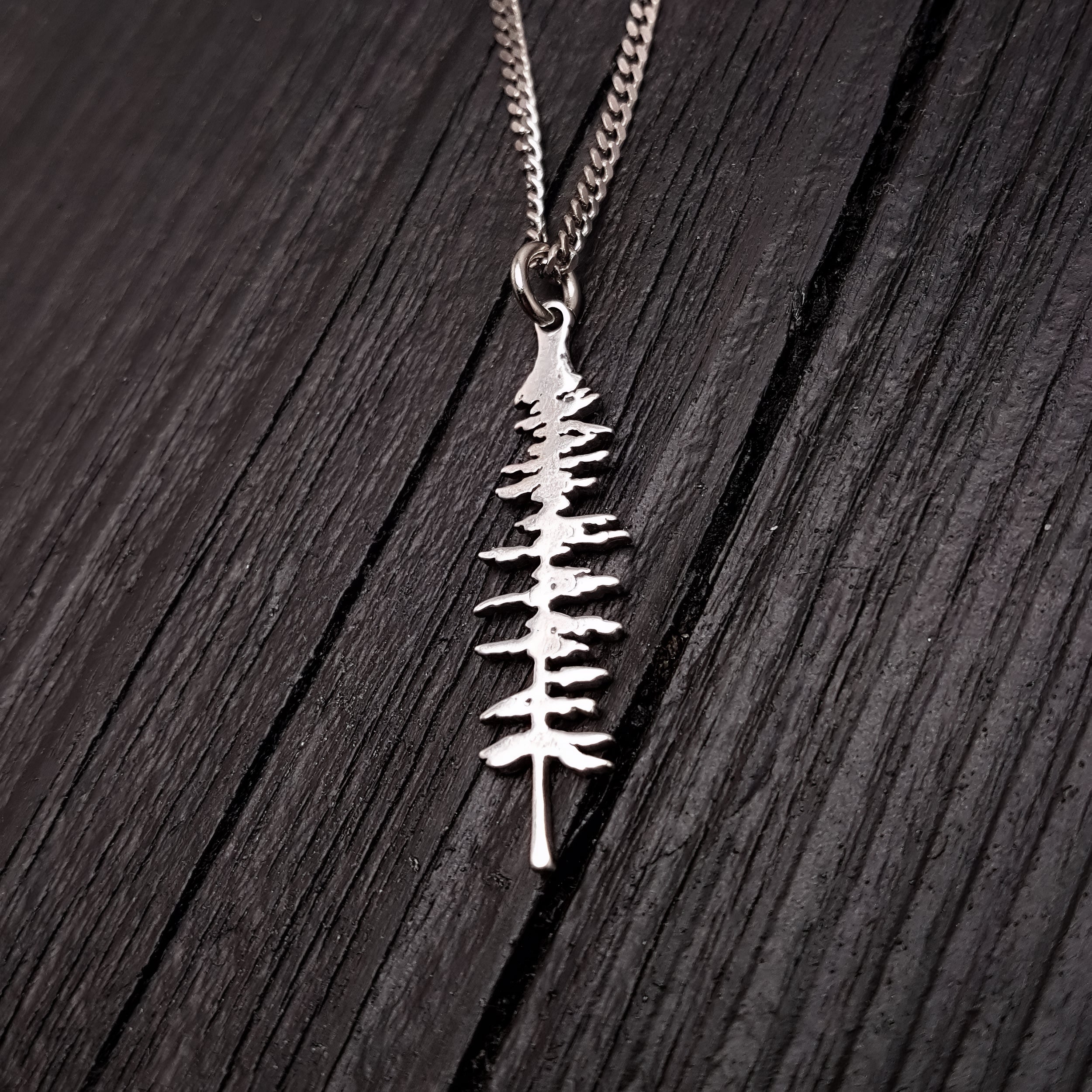 Silver Spruce Tree Silhouette Charm Sitka Pendant Necklace Solid Cast 925 Sterling Silver - Moon Raven Designs