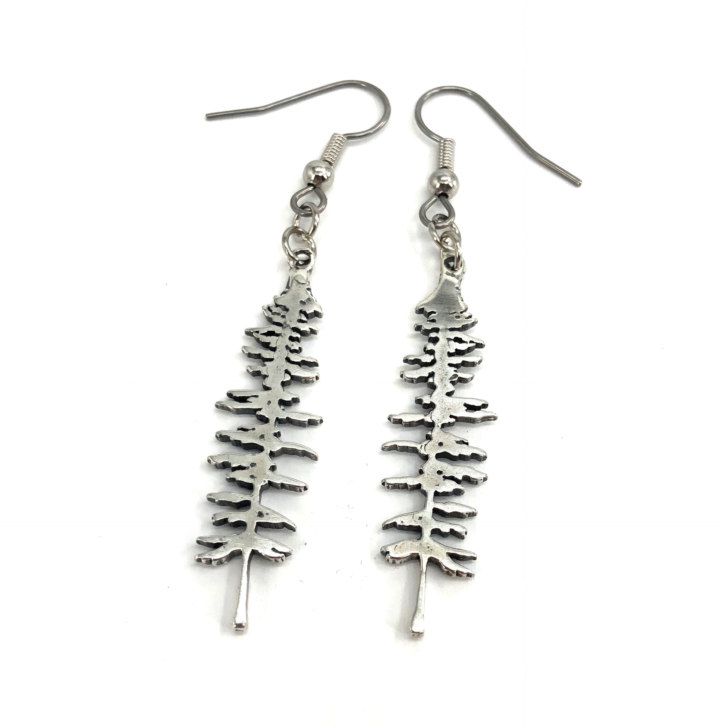 Silver Sitka Spruce Tree Silhouette Earrings  Solid Cast 925 Sterling Silver Polished Finish