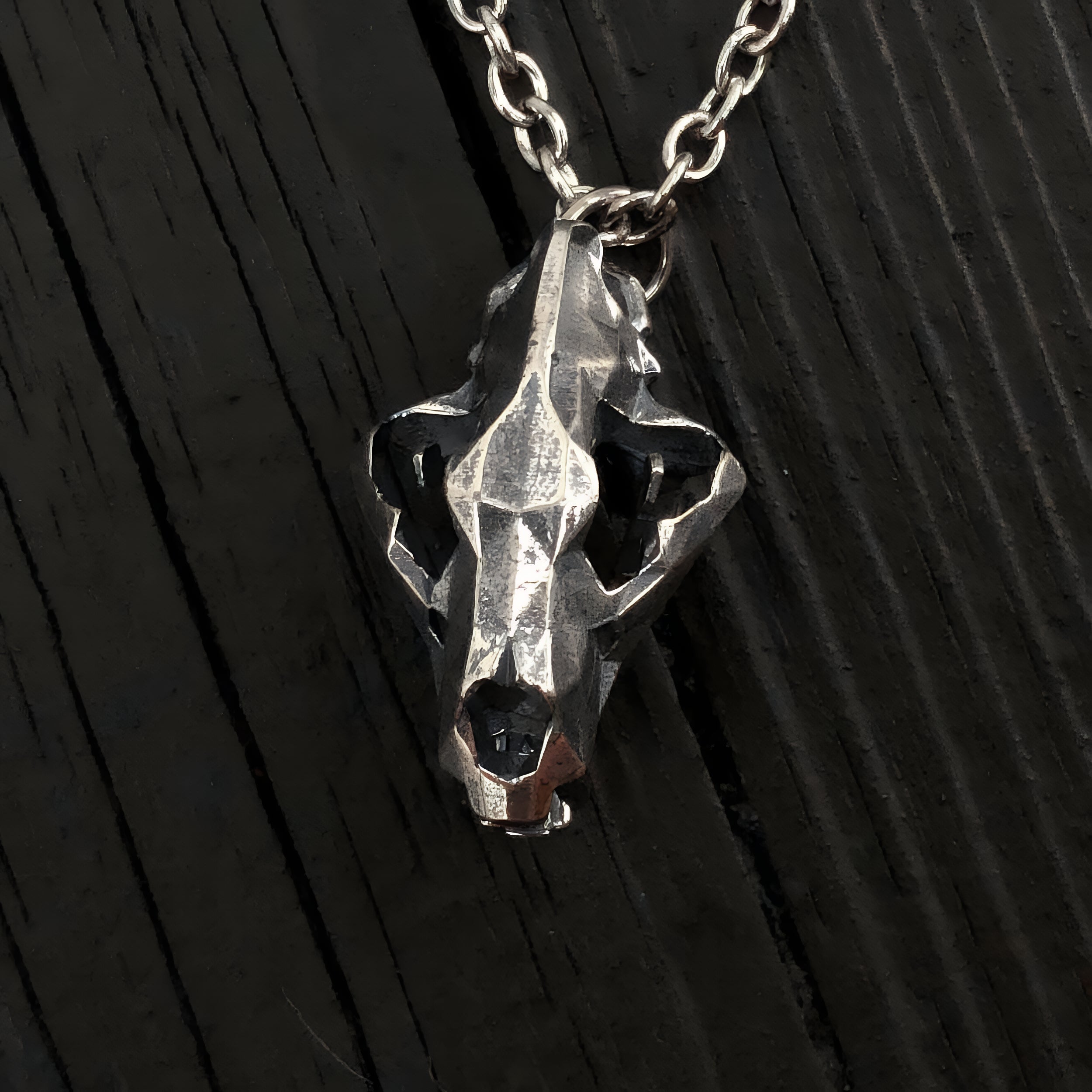 Faceted Bear Skull Necklace - Solid Hand Cast Silver Plated Bronze - Three Dimensional Detail Grizzly Skull - Multiple Chain Lengths