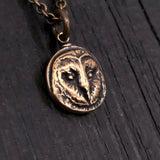 Solid Bronze Barn Owl Face Pendant - 1/2" Diameter, Engravable Back, Unique Gift for Owl Lovers