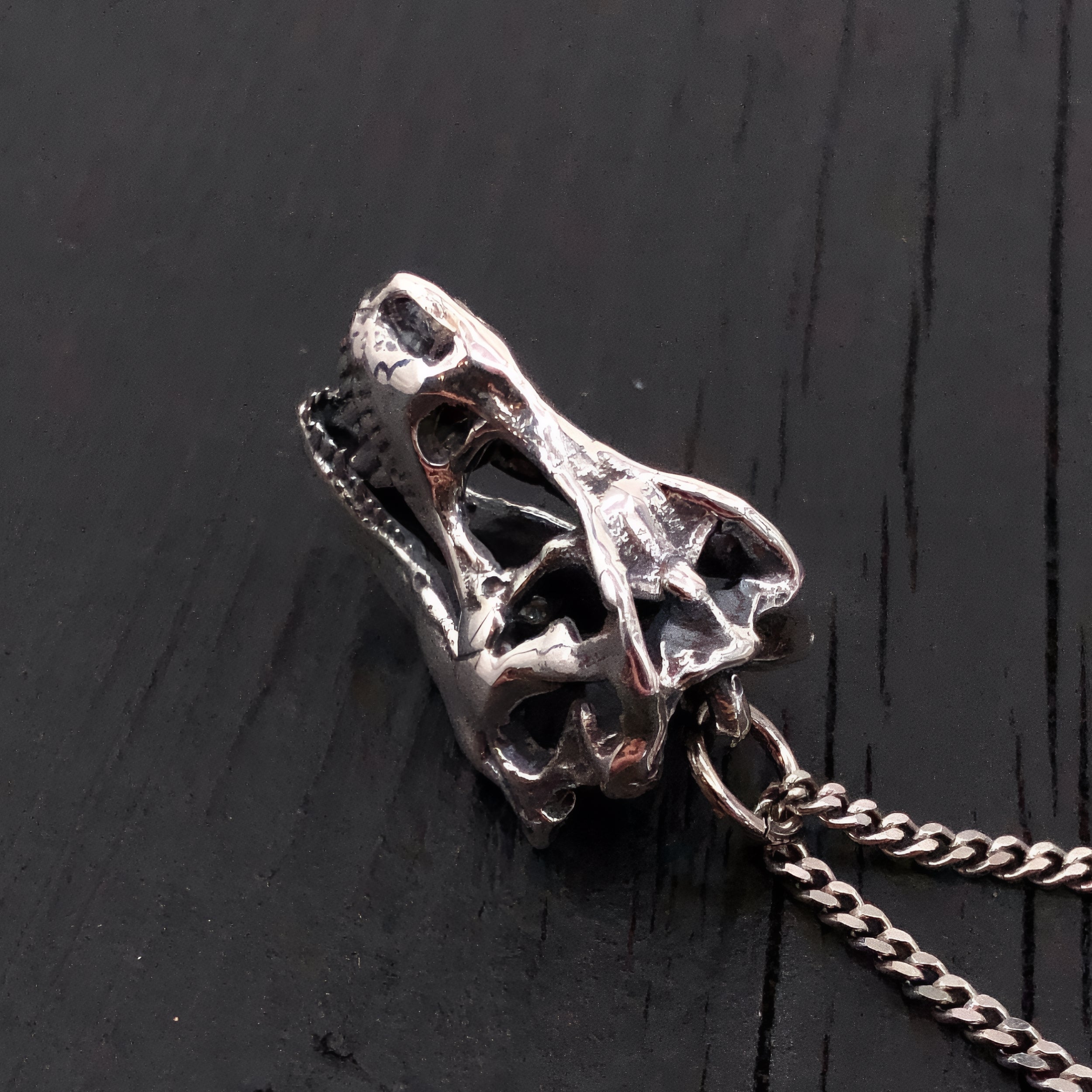 Silver T-Rex Skull Pendant Necklace in Solid Hand Cast Sterling Silver - Tyrannosaurus Rex - Rare and Unique Dinosaur Jewelry