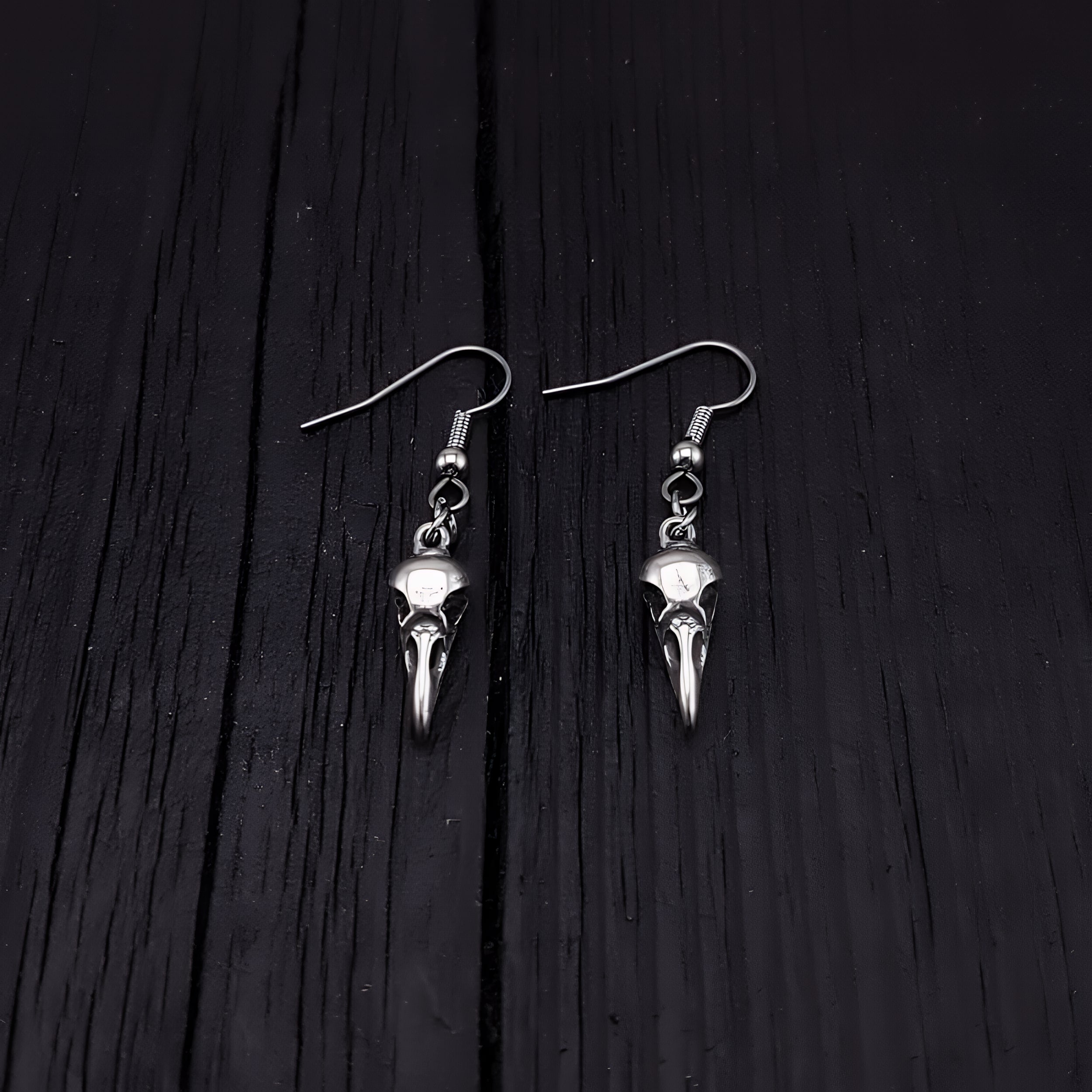 Sterling Silver Raven Skull Earrings Solid Hand Cast 925 Sterling Silver Surgical Stainless Steel Hooks - Moon Raven Designs