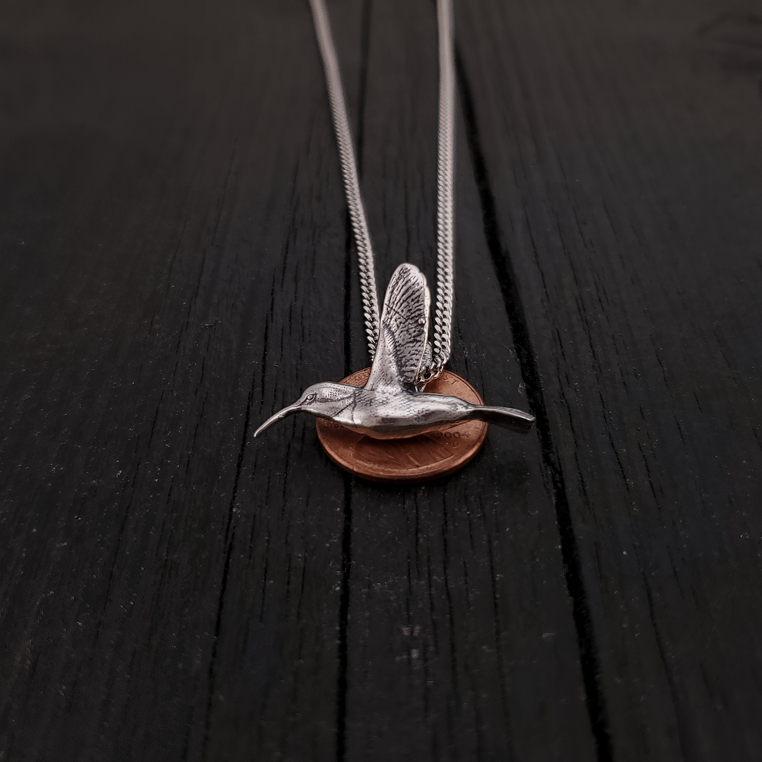 Hummingbird Charm Pendant Necklace - Solid Hand Cast 925 - Oxidized Polished Finish - Three dimensional Detail - Multiple Chain Lengths