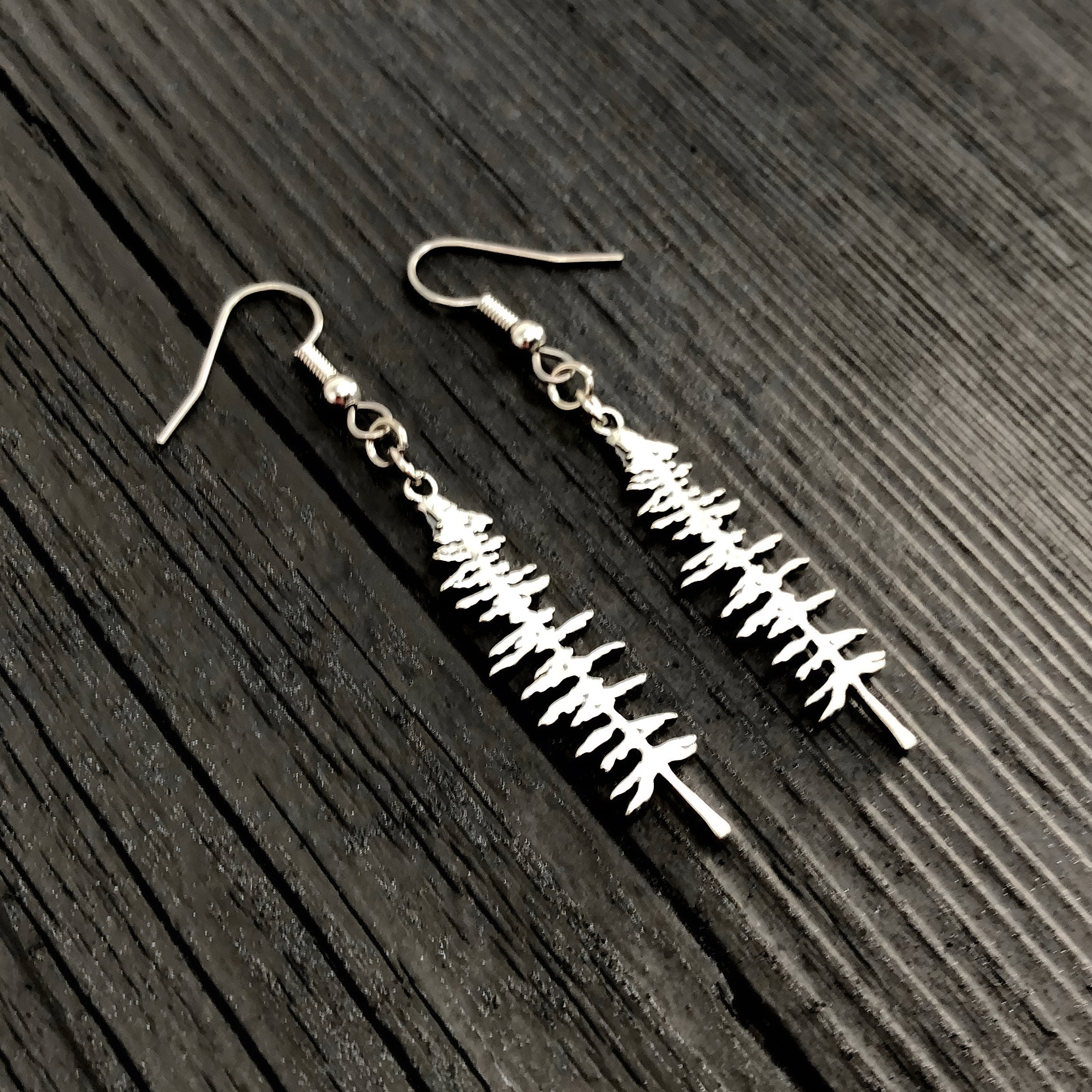 Silver Sitka Spruce Tree Silhouette Earrings  Solid Cast 925 Sterling Silver Polished Finish