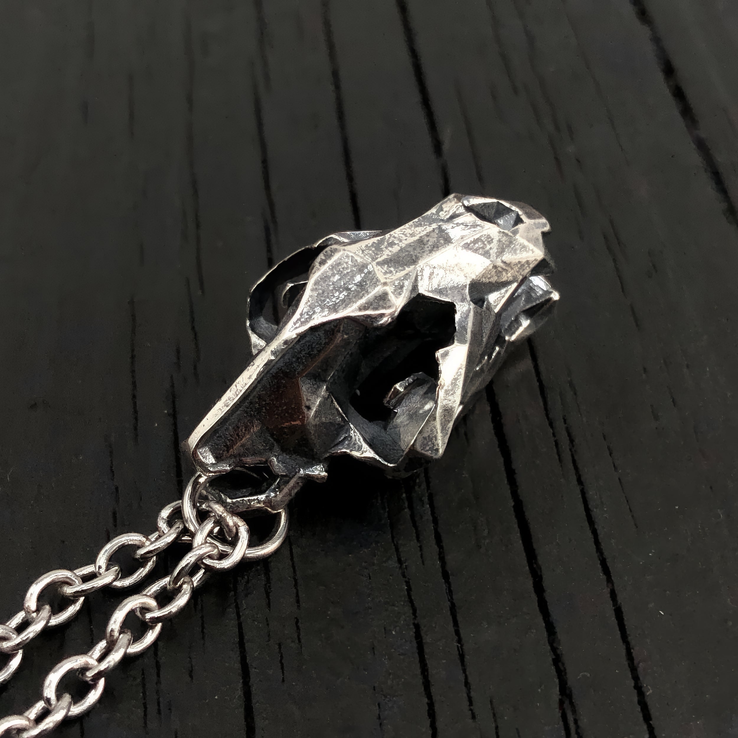 Faceted Bear Skull Necklace - Solid Hand Cast Silver Plated Bronze - Three Dimensional Detail Grizzly Skull - Multiple Chain Lengths