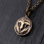 Solid Bronze Barn Owl Face Pendant - 1/2" Diameter, Engravable Back, Unique Gift for Owl Lovers