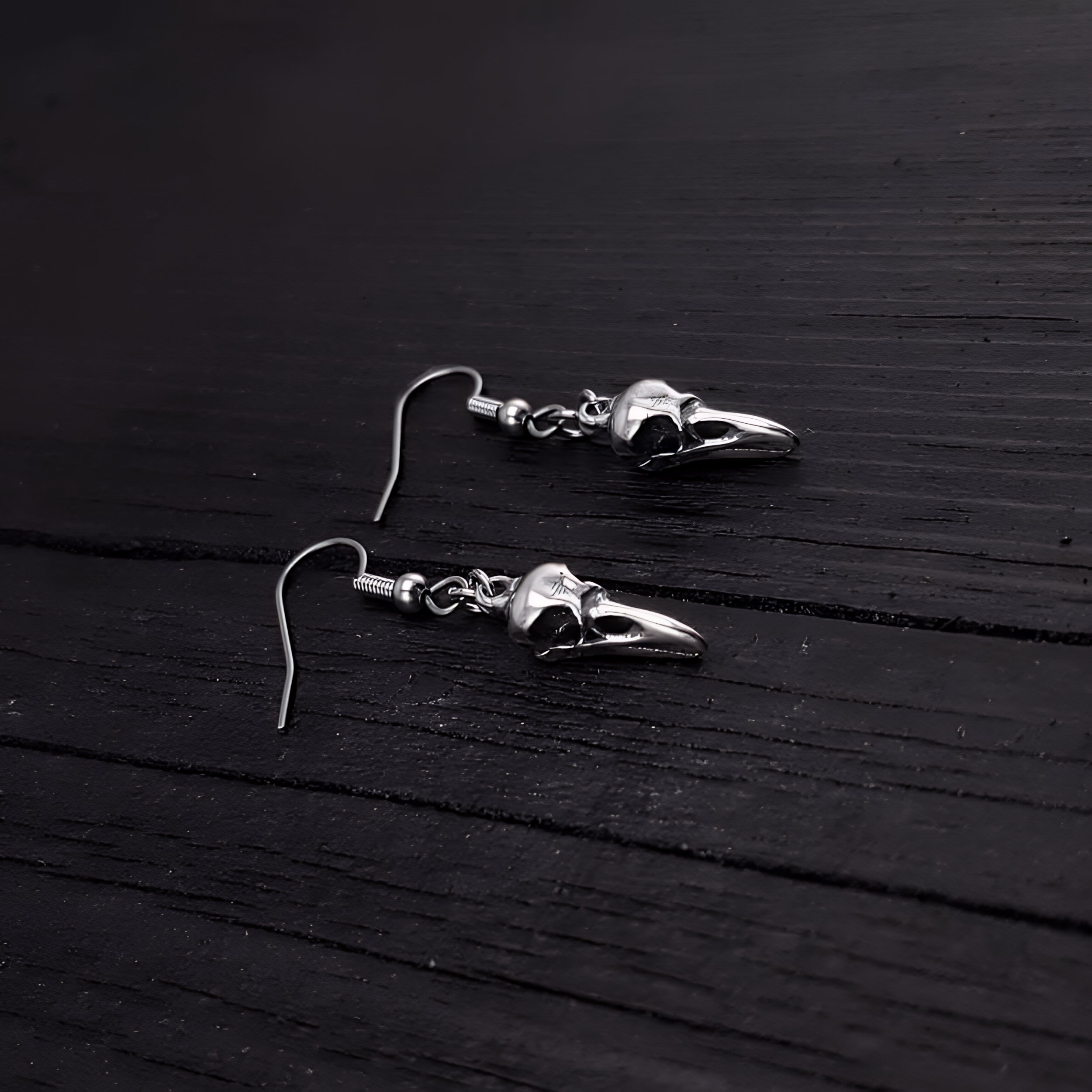 Sterling Silver Raven Skull Earrings Solid Hand Cast 925 Sterling Silver Surgical Stainless Steel Hooks - Moon Raven Designs