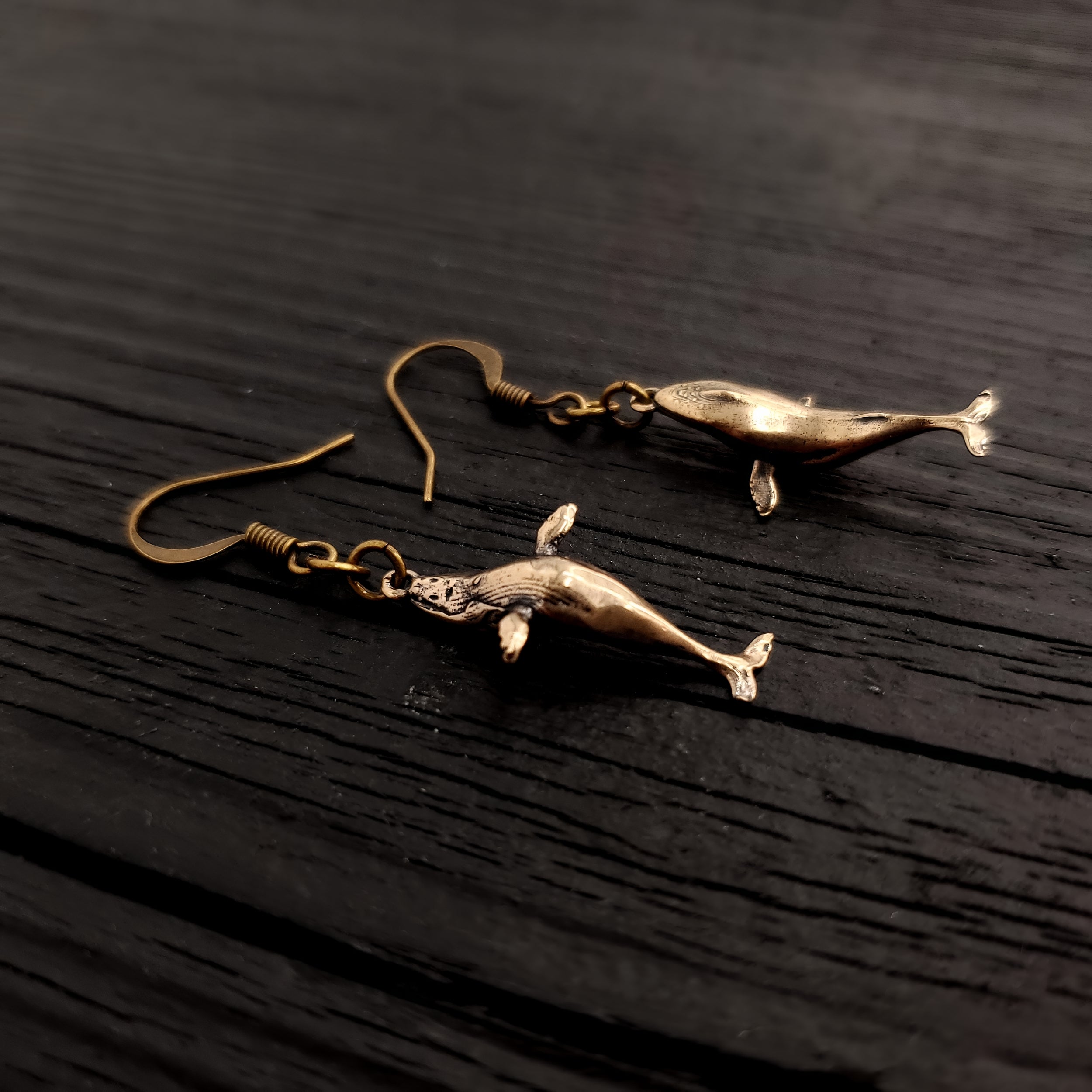 Breaching Humpback Whale Earrings - Solid Hand Cast Bronze - Polished Finish - Jewelry Gift for or Her