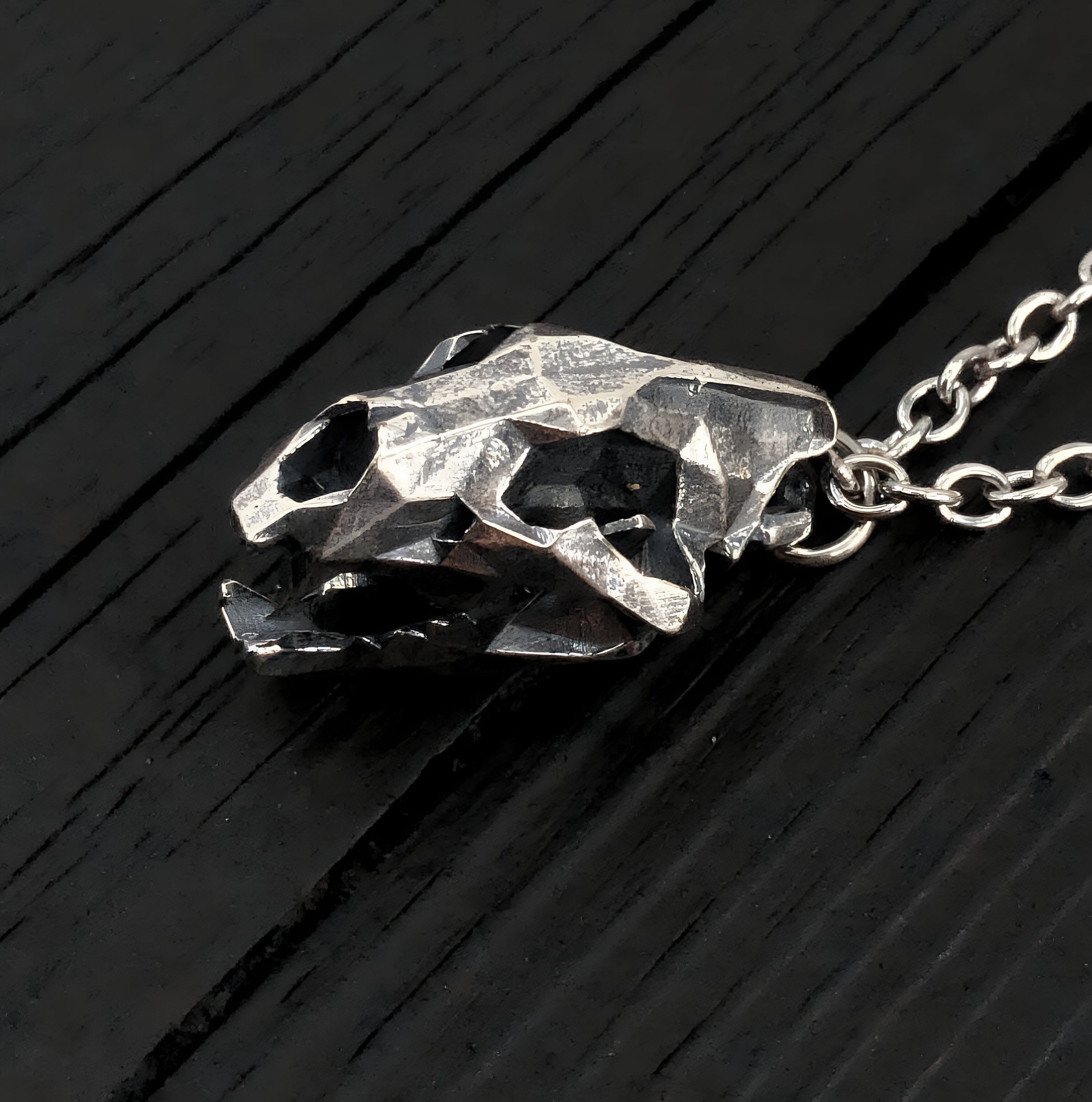 Faceted Bear Skull Necklace - Solid Hand Cast Silver Plated Bronze - Three Dimensional Detail Grizzly Skull - Multiple Chain Lengths