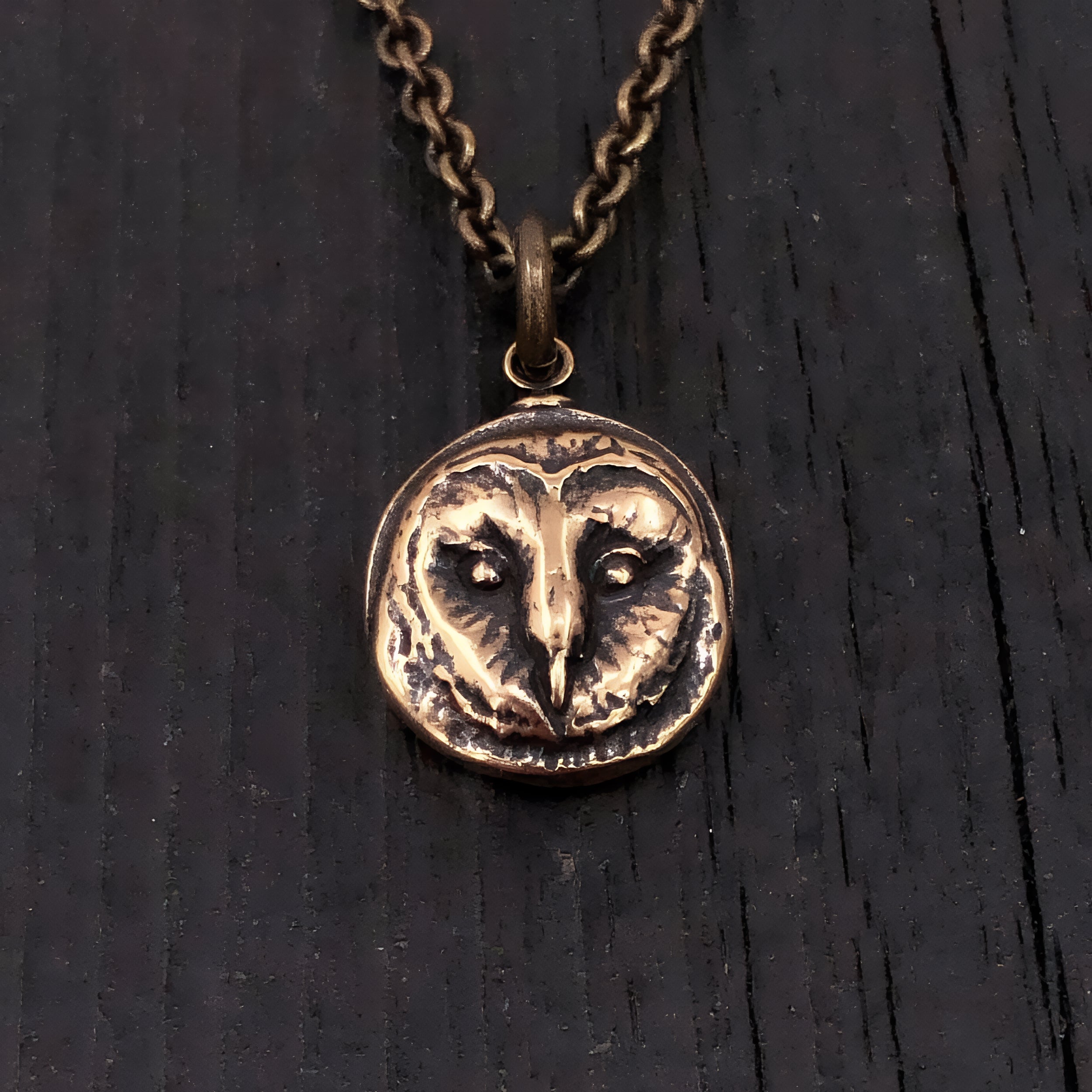 Solid Bronze Barn Owl Face Pendant - 1/2" Diameter, Engravable Back, Unique Gift for Owl Lovers