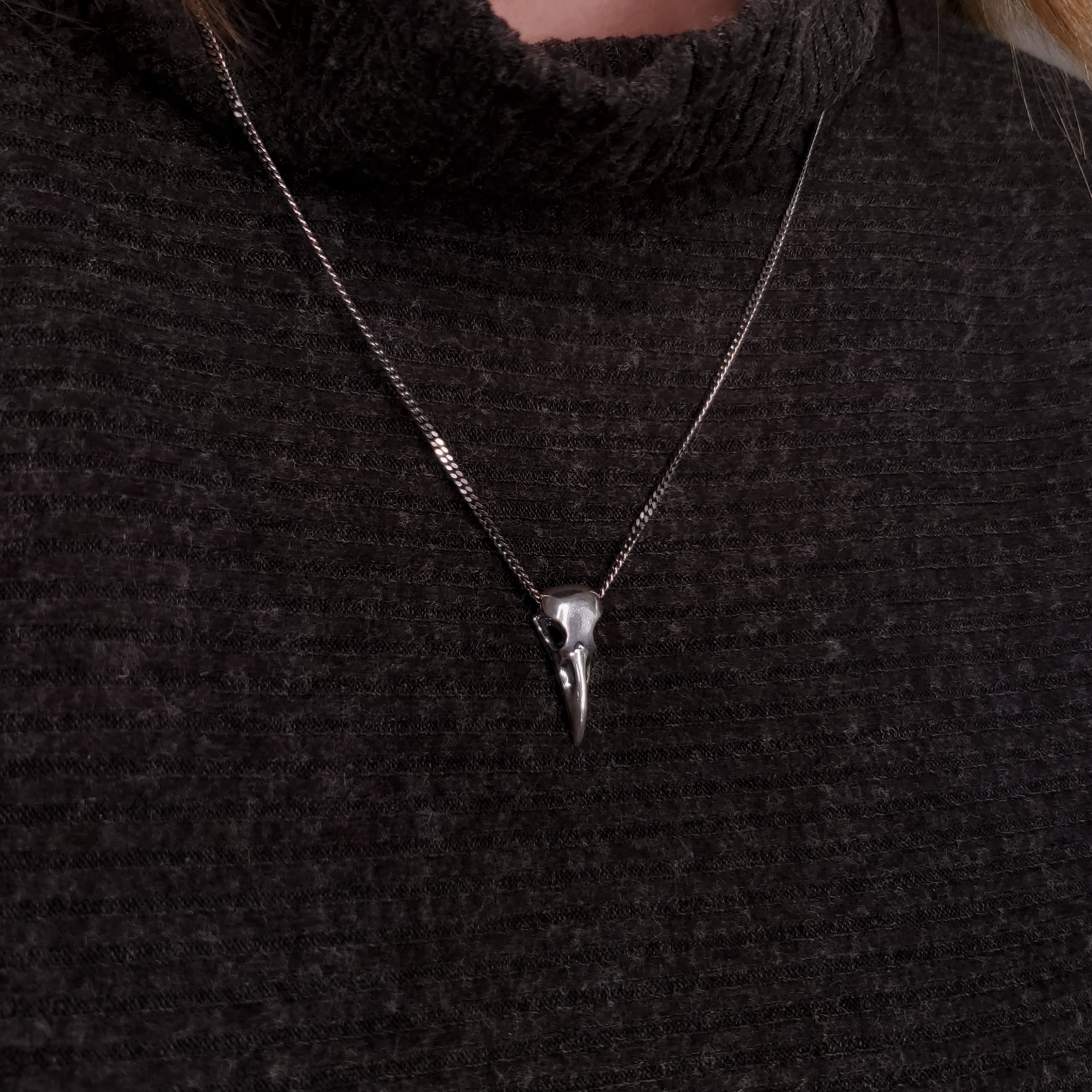 Raven Skull Necklace - Solid Cast 925 Sterling Silver - Polished Finish - Unisex Bird Skull Gift For Him or Her - Multiple Chain Options
