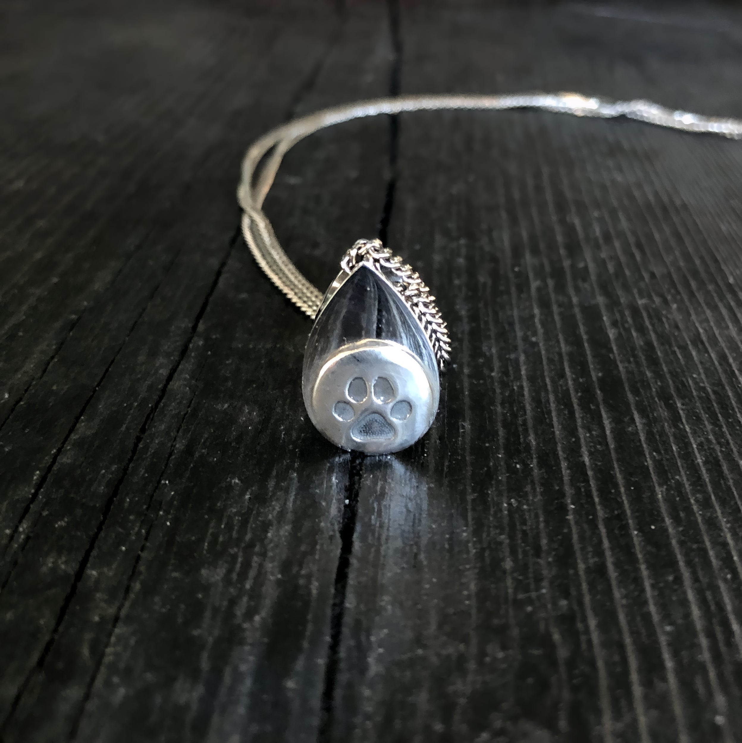 Cat Paw Print Tear Drop Cremation Ash Urn Necklace - Sterling Silver on Stainless Steel - Custom Engraved Personalised Mourning Pet Urn