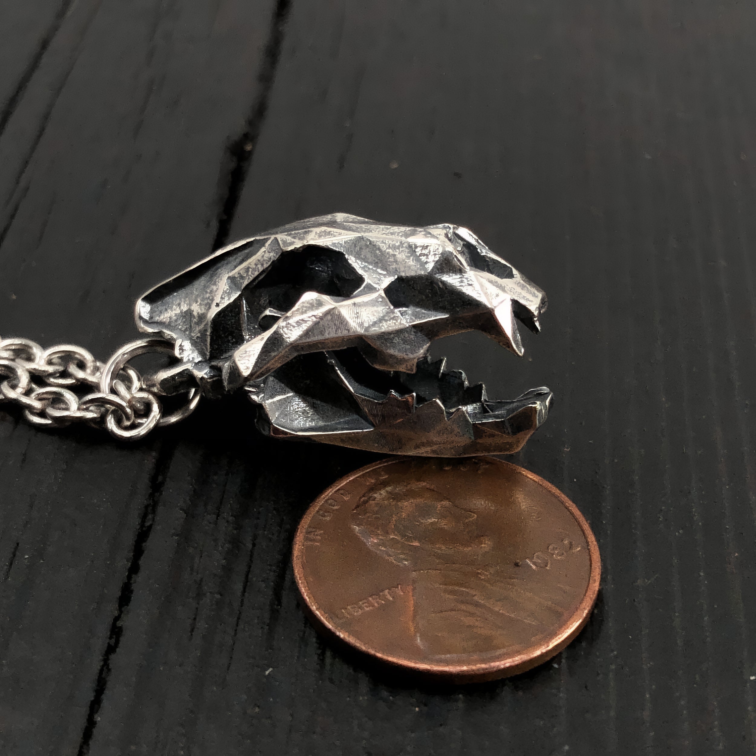 Faceted Bear Skull Necklace - Solid Hand Cast Silver Plated Bronze - Three Dimensional Detail Grizzly Skull - Multiple Chain Lengths