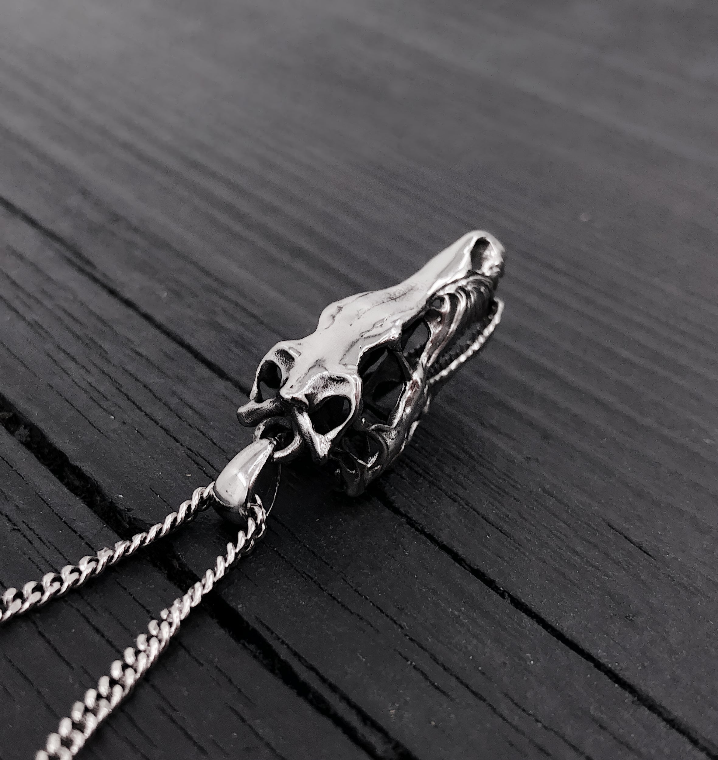 Silver necklace with detailed skull pendant, edgy gothic design