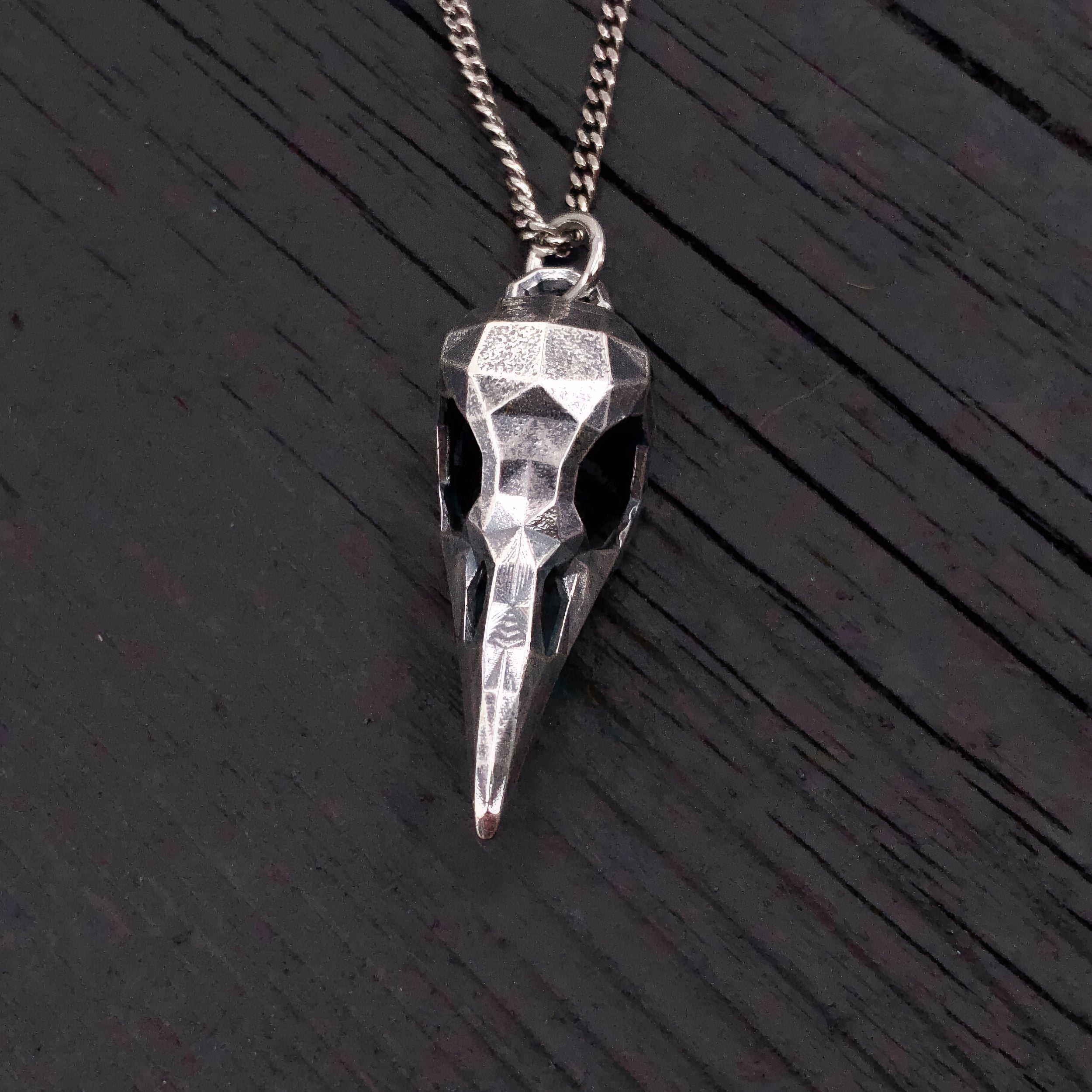 Faceted Raven Skull Necklace - Solid Hand Cast Silver Plated Bronze - Three Dimensional Detail Bird Skull - Multiple Chain Lengths