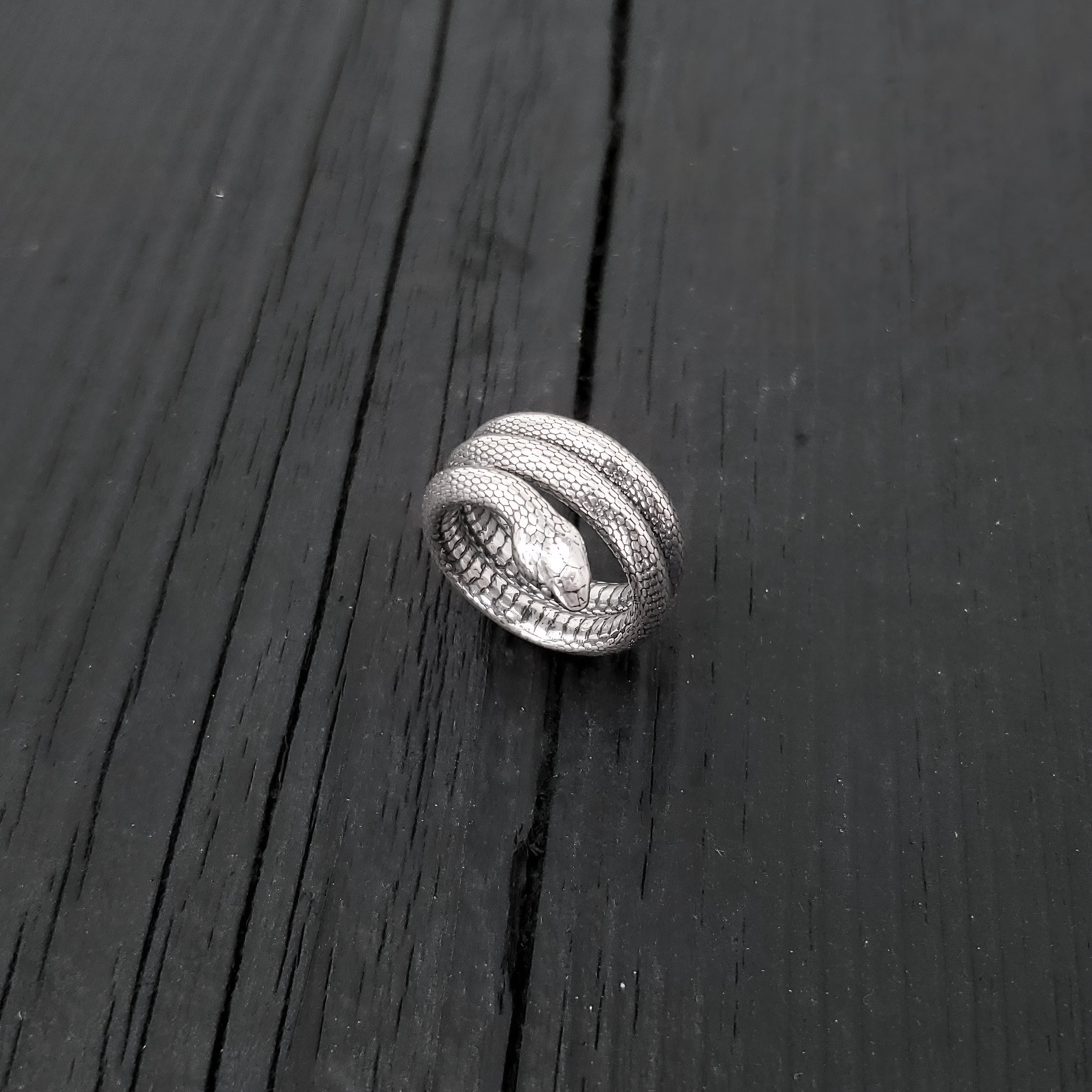 Colubrid Snake Wrap Ring - Solid Hand Cast 925 Sterling Silver - Oxidised Polished Finish - Sizes 4 to 11