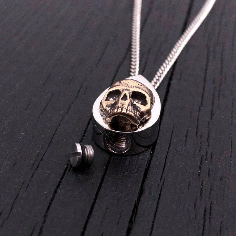 Human Skull Tear Drop Cremation Ash Urn Necklace - Bronze on Stainless Steel - Custom Engraved Personalized Mourning Urn