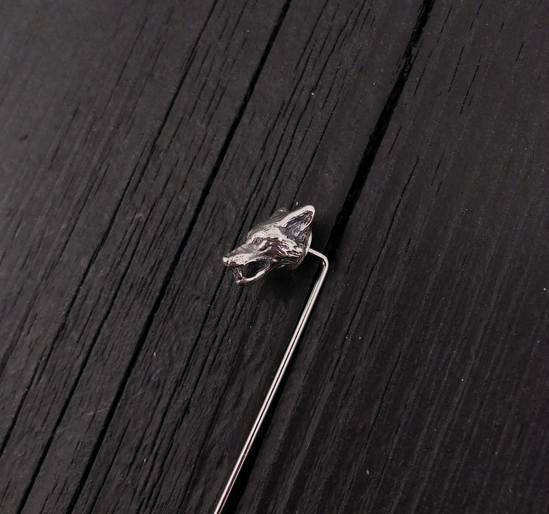 Silver pin with stylized cat head, detailed and polished | Moon Raven