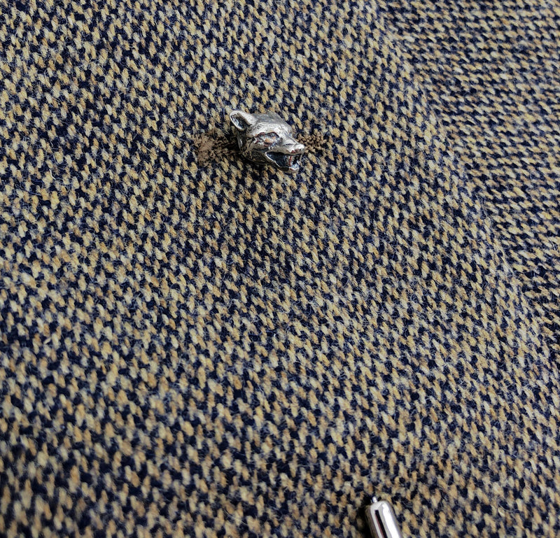 Silver wolf head pin on tweed jacket, elegant touch | Moon Raven