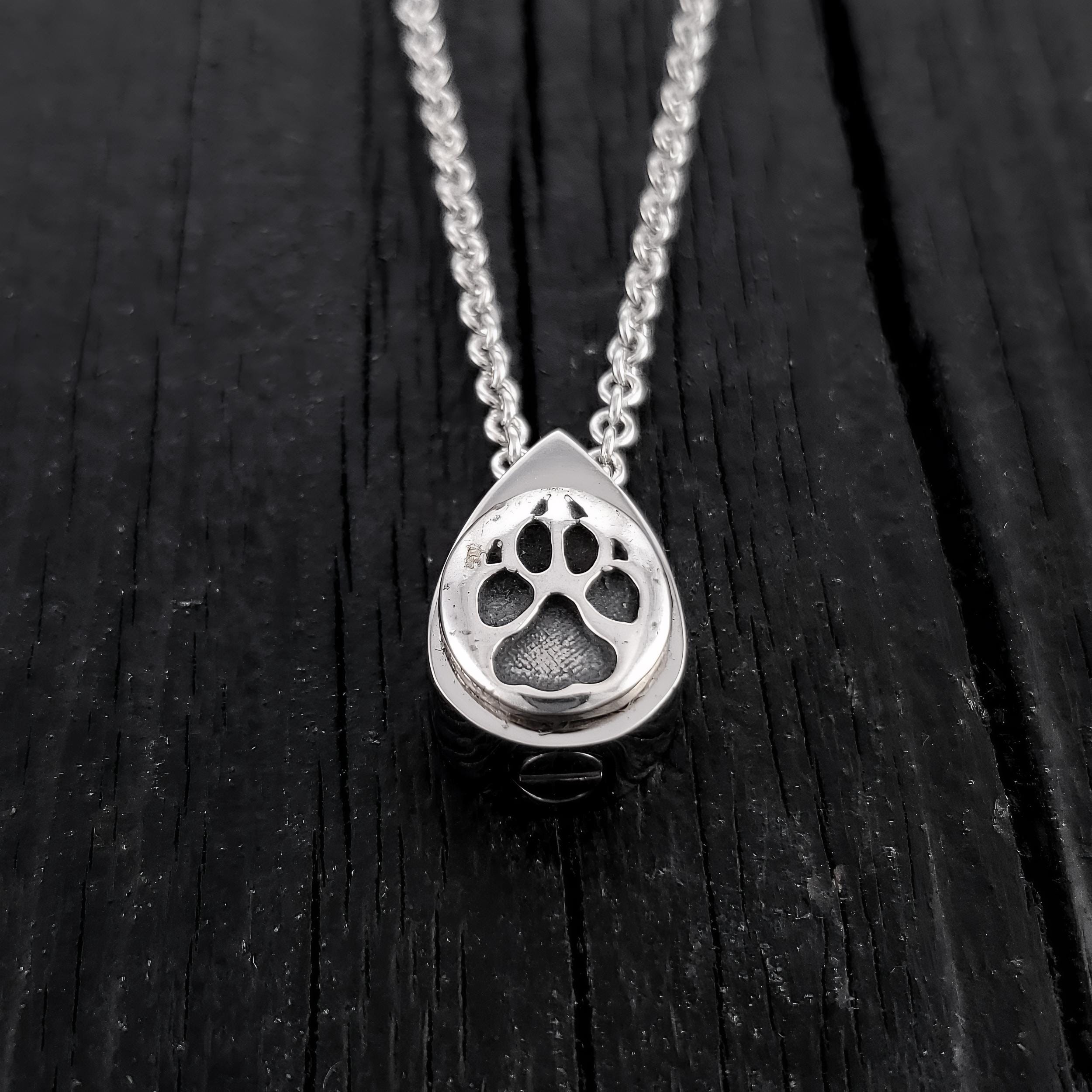Dog Paw Print Tear Drop Cremation Ash Urn Necklace - Sold Bronze on Stainless Steel - Custom Engraved Personalised Mourning Pet Urn