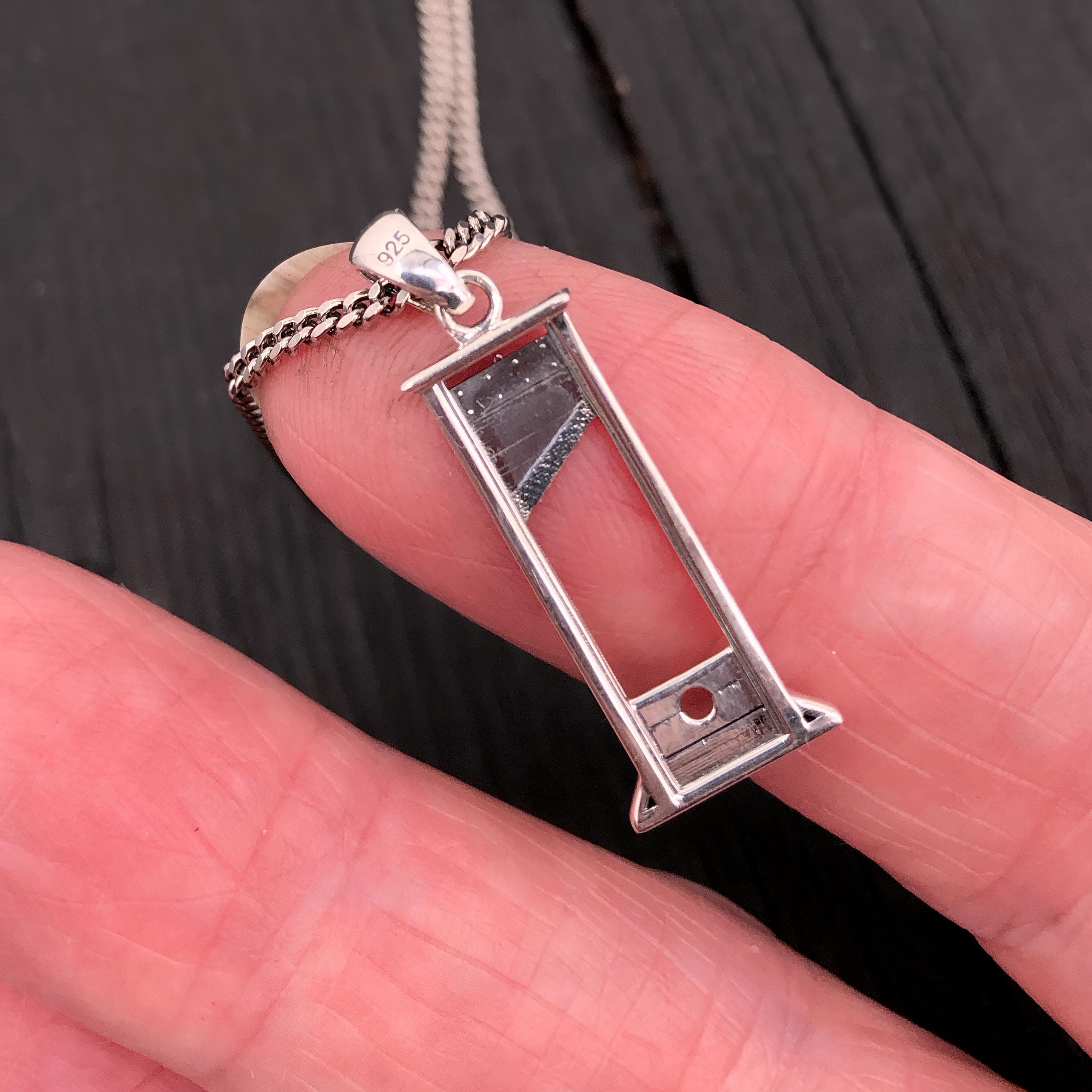 Small Guillotine Charm Pendant Necklace - Solid Hand Cast Bronze - Polished Oxidized Finish - Three Dimensional Detail