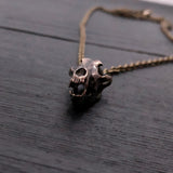Wolf Skull Necklace - Bronze Skull Pendant With Detailed Carved Wolf Jewelry
