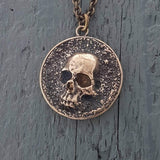Pirate Skull Medallion Pendant Necklace Solid Gold Bronze - Moon Raven Designs
