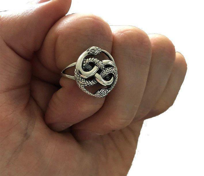 Auryn Snake Ring - .925 Sterling Silver - Polished Oxidized Finish - Adjustable Band - Ouroboros Neverending Story Jewelry Gift - Moon Raven Designs