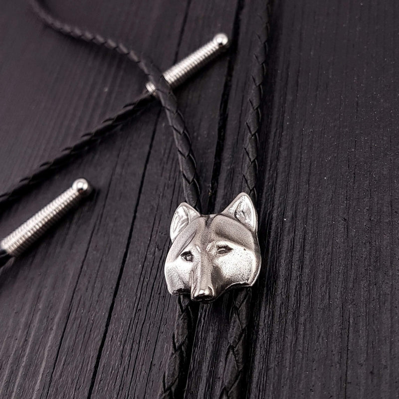 Wolf Face Bolo Tie Silver Metal Black Braided Cord with Silver Tips - Moon Raven Designs