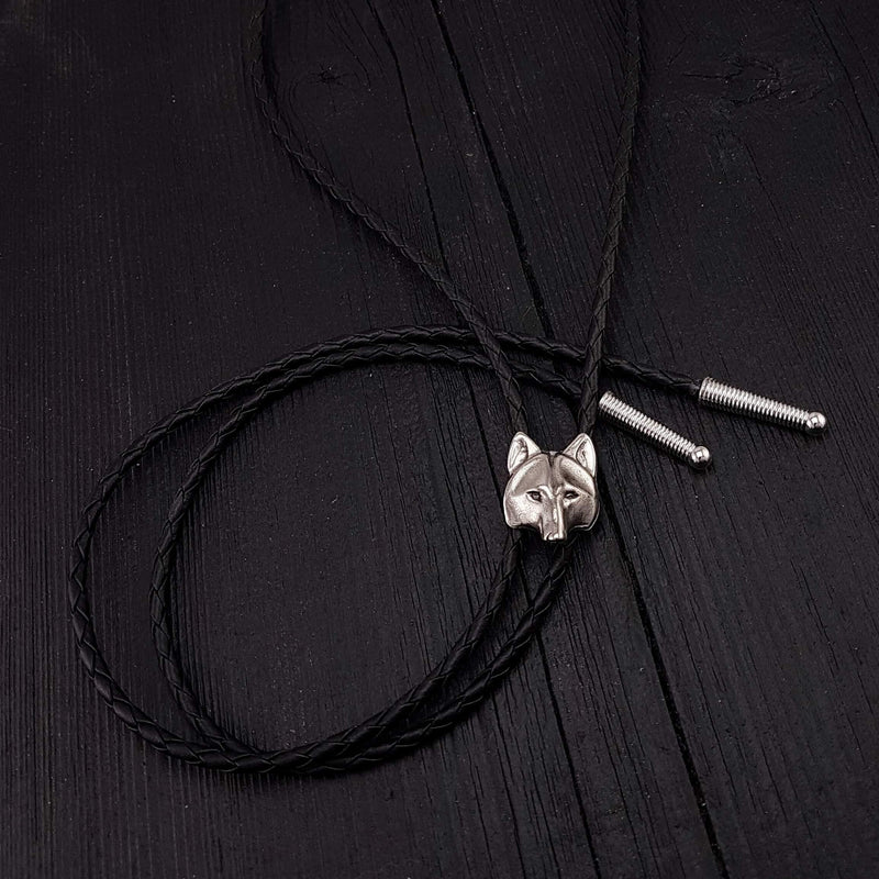 Wolf Face Bolo Tie Silver Metal Black Braided Cord with Silver Tips - Moon Raven Designs