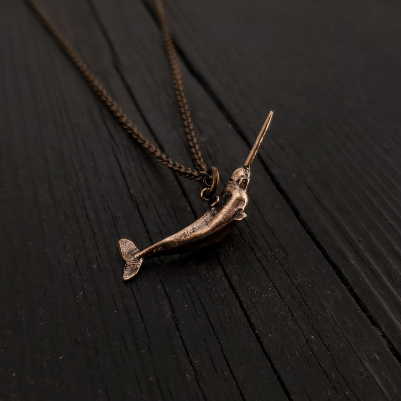 Narwhal Charm Pendant Necklace - Solid Hand Cast Bronze - Polished Finish - Arctic Unicorn of the Sea - Unisex Jewelry Gift for Him or Her