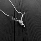 Sterling Silver Whitetail Deer Skull Antler Rack Pendant Necklace - Solid Hand Cast 925 Sterling Silver - Unisex - Multiple Chain Lengths