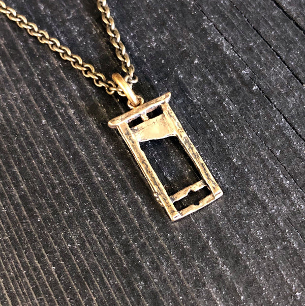 Small Guillotine Charm Pendant Necklace - Solid Hand Cast Bronze - Polished Oxidized Finish - Three Dimensional Detail