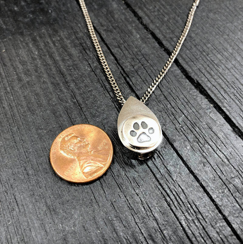 Cat Paw Print Tear Drop Cremation Ash Urn Necklace - Sterling Silver on Stainless Steel - Custom Engraved Personalised Mourning Pet Urn