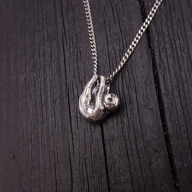 Baby Sloth Charm Pendant Necklace Solid Cast 925 Sterling Silver Three Dimensional Polished Oxidized Finish - Moon Raven Designs